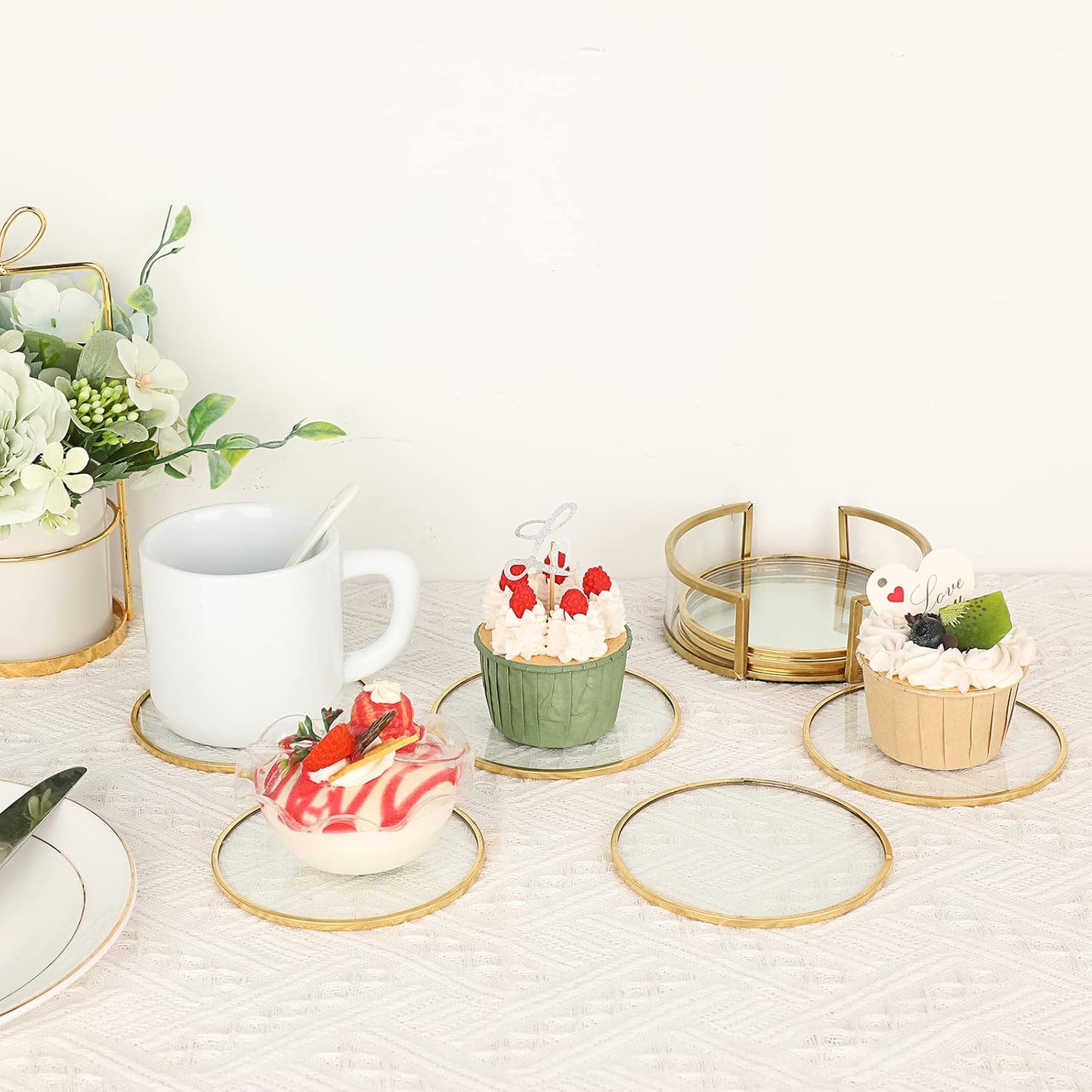 Holder / Golden Brass Coasters for Drinks Glass Cup Coaster Set Modern Coaster / Round / Set of 8