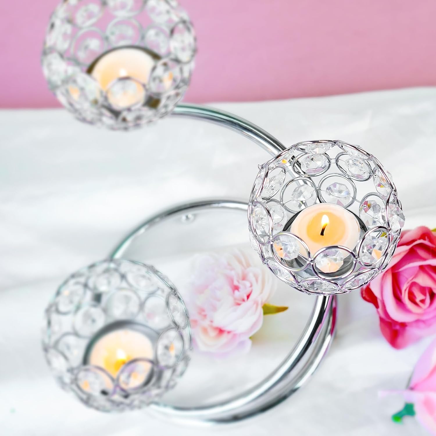 Metal Crystal Candle Holder Set of 6 - Elegant 3-Arm Tea Light Centerpiece with Shining Crystal Bowl, Wedding