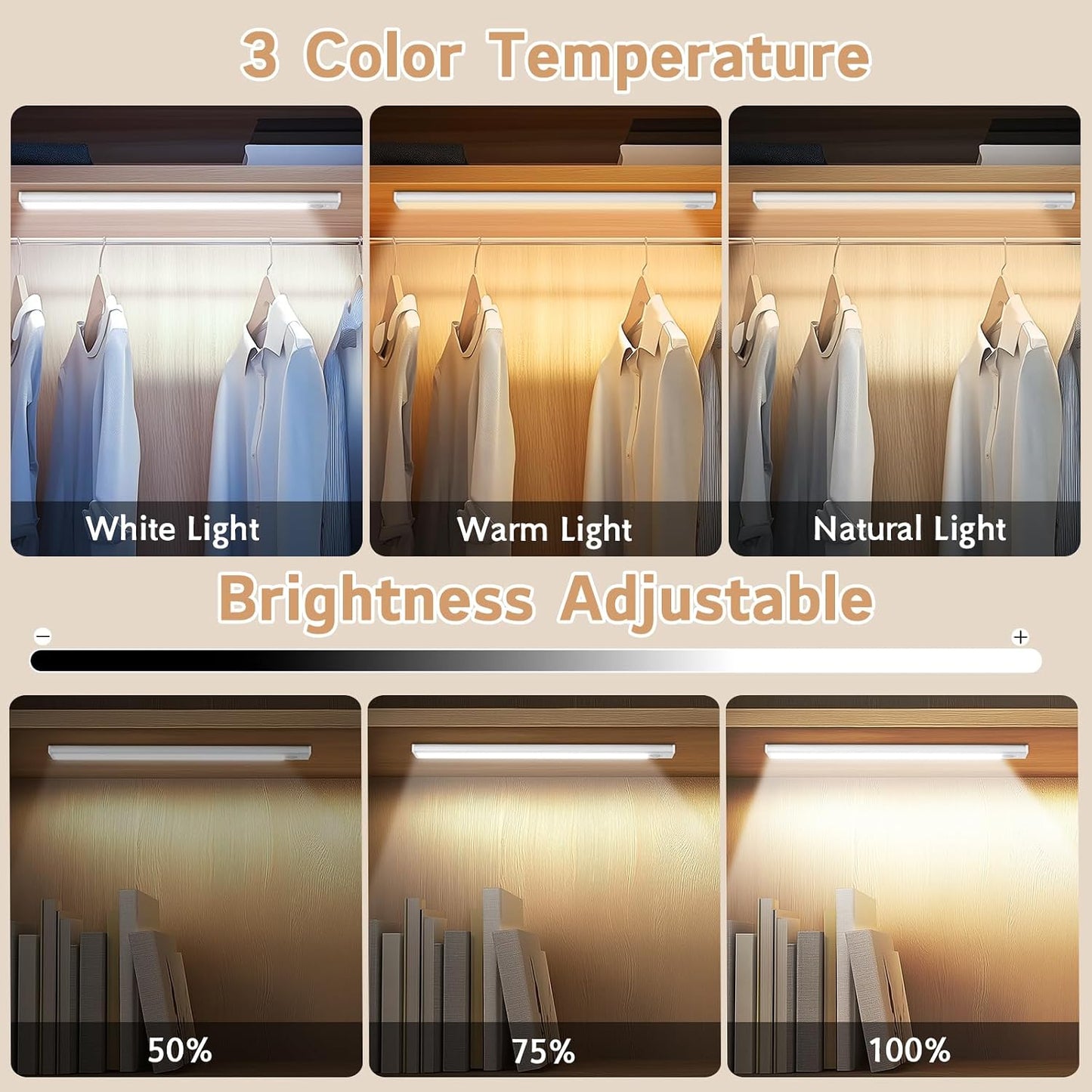 8inch Under Cabinet Lighting Wireless, 4Pack Motion Sensor Light Indoor | Rechargeable, 3 Color Temps, Dimmable, LED