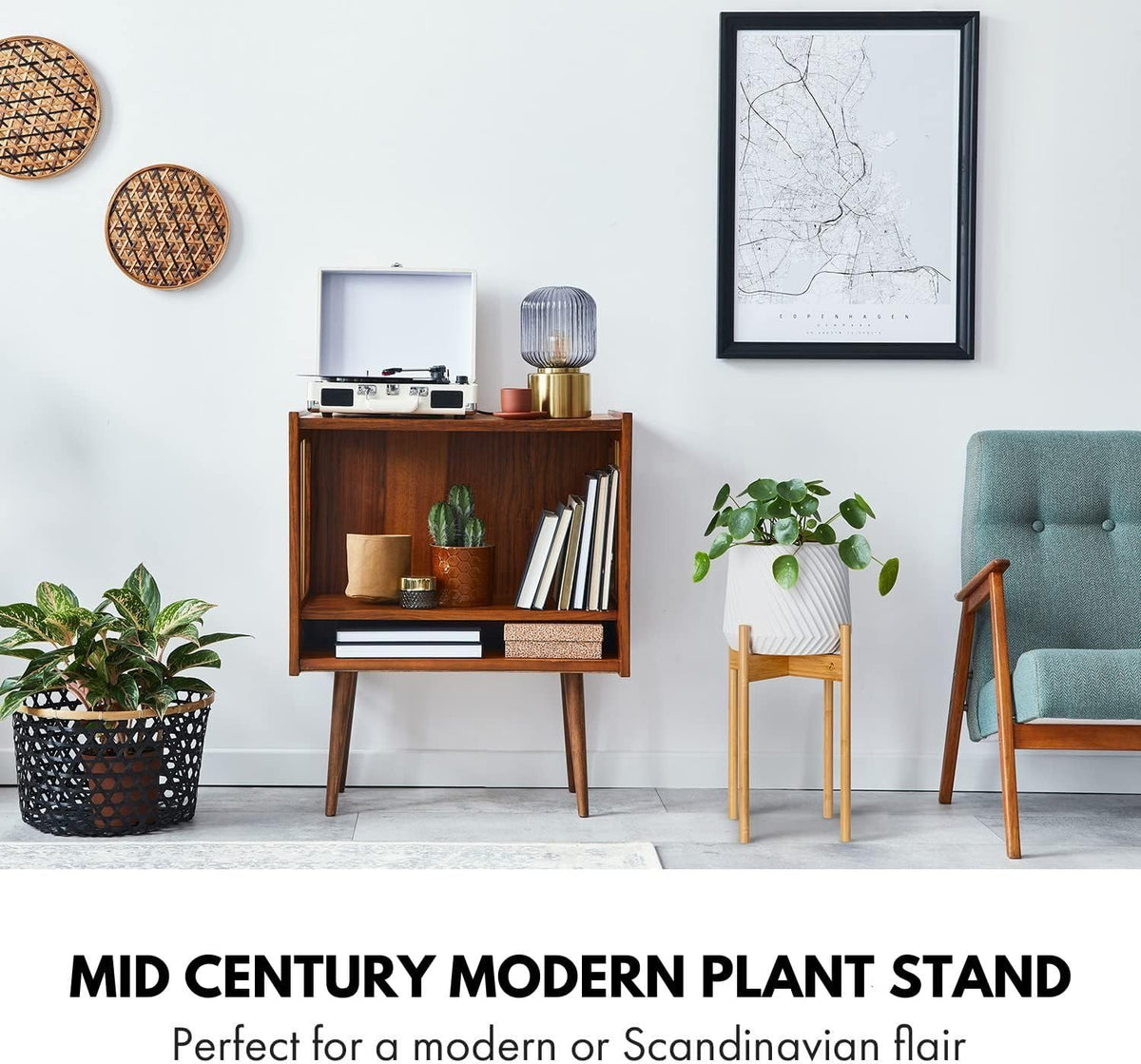 Fox & Fern Mid Century Plant Stands for Indoor Planters, Bamboo, 10 Inch | Plug In Design, Holds 175 lbs, Two High