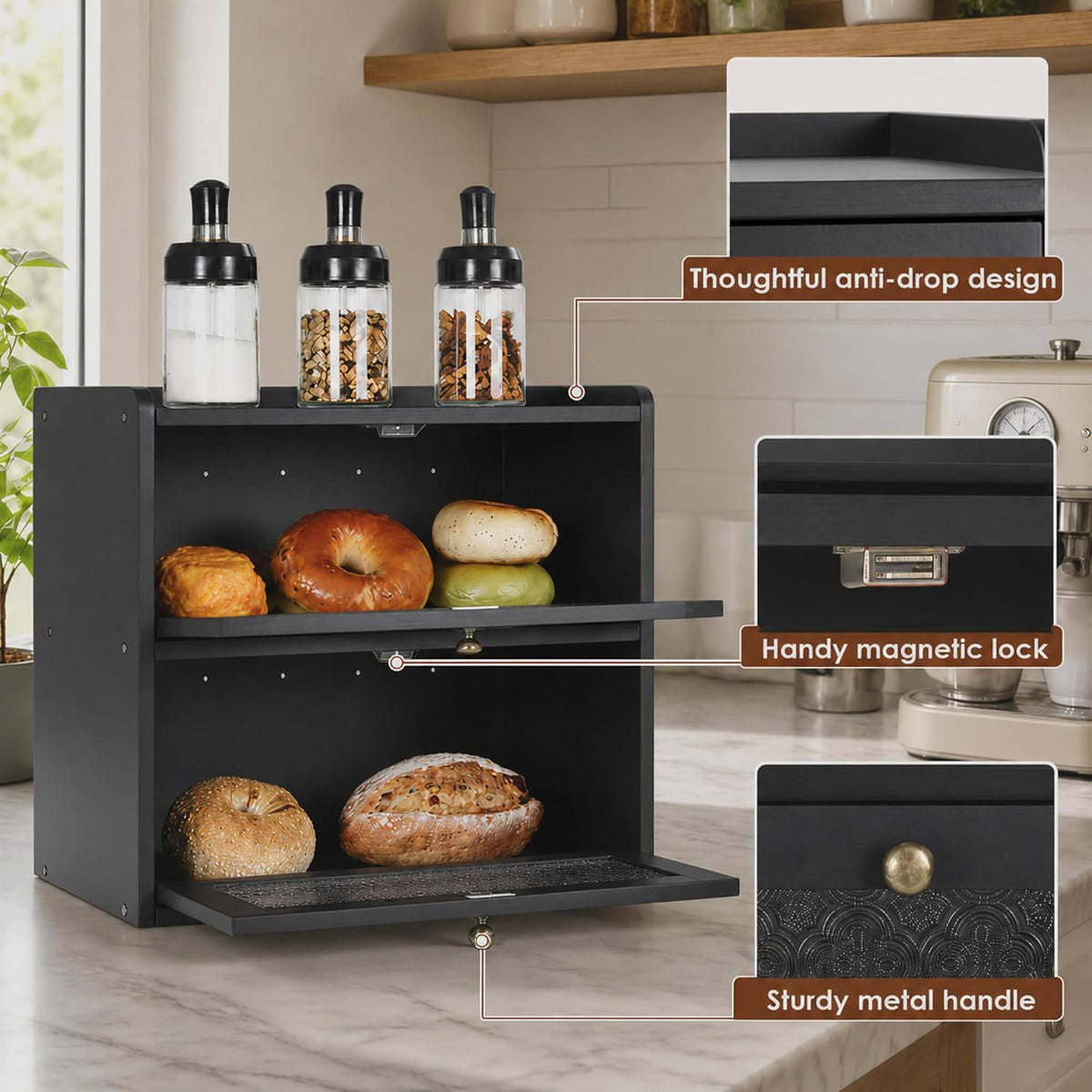 Sunhoo Bread Box for Kitchen Countertop, Large Pine Wood Breadbox, Black | Farmhouse Pantry Container, Double Layer