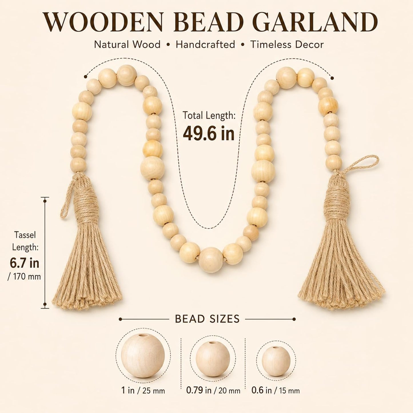 Wood Bead Garland / Natural / 49.6 Inch