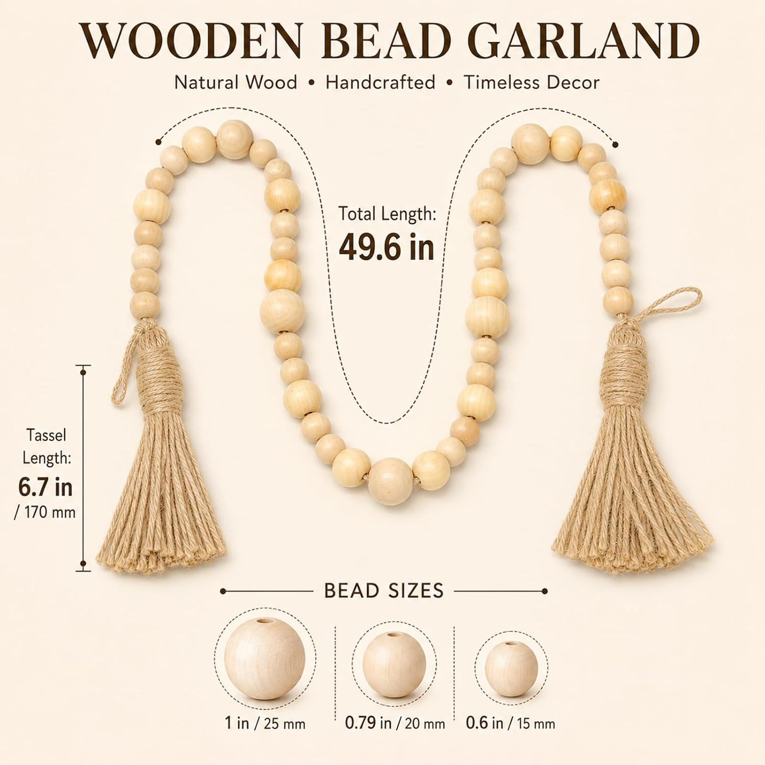 Wood Bead Garland / Natural / 49.6 Inch