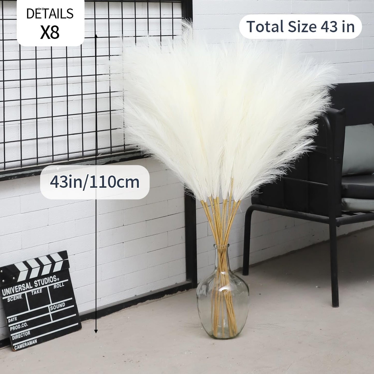 Tall Faux Pampas Grass Decor Artificial Pompas Grass for Floor Vase Filler / Cream White / Set of 8
