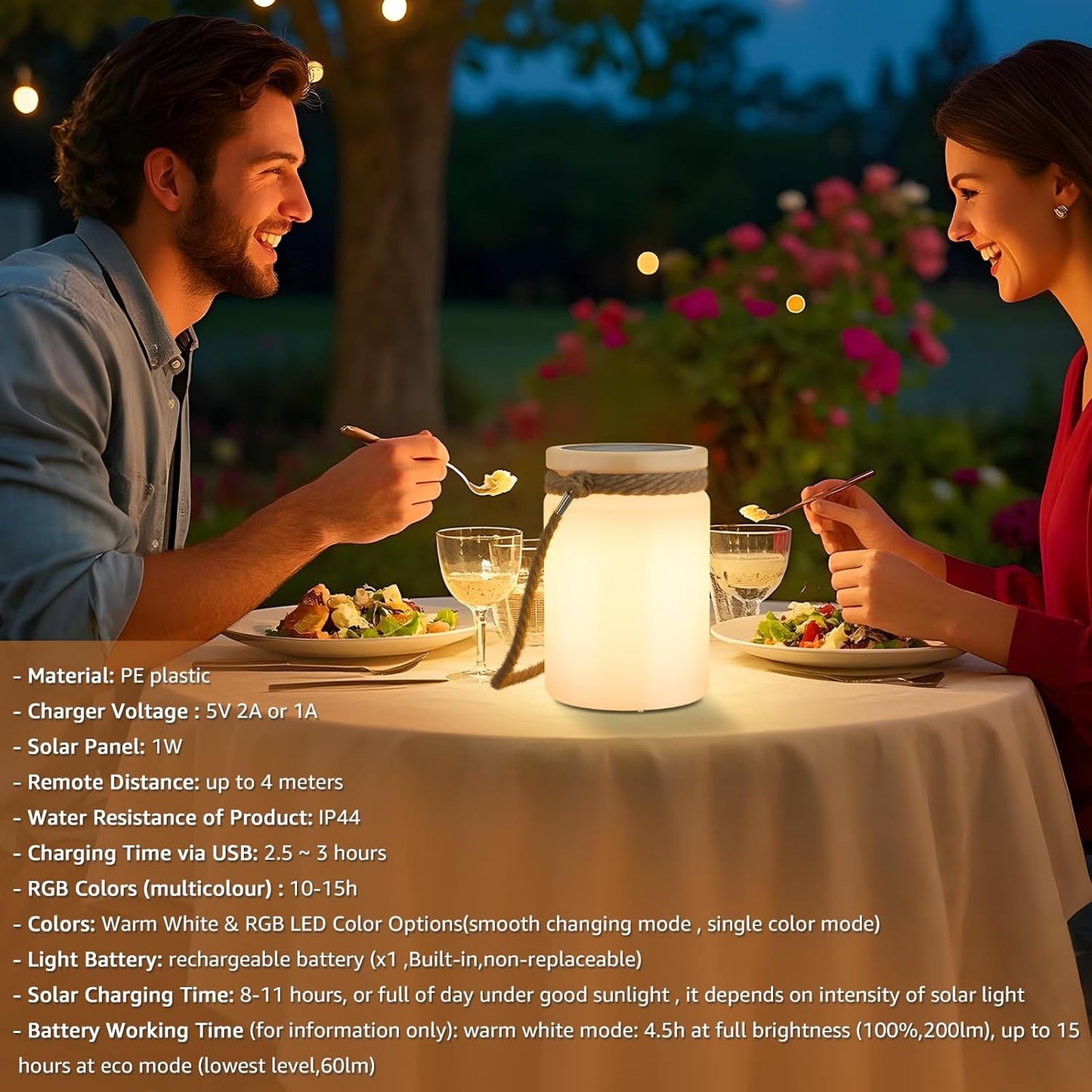 uuffoo Solar Table Lamp Lantern Waterproof Outdoor Cordless | IP44 RGB and Warm White Dimmable for Patio Camping