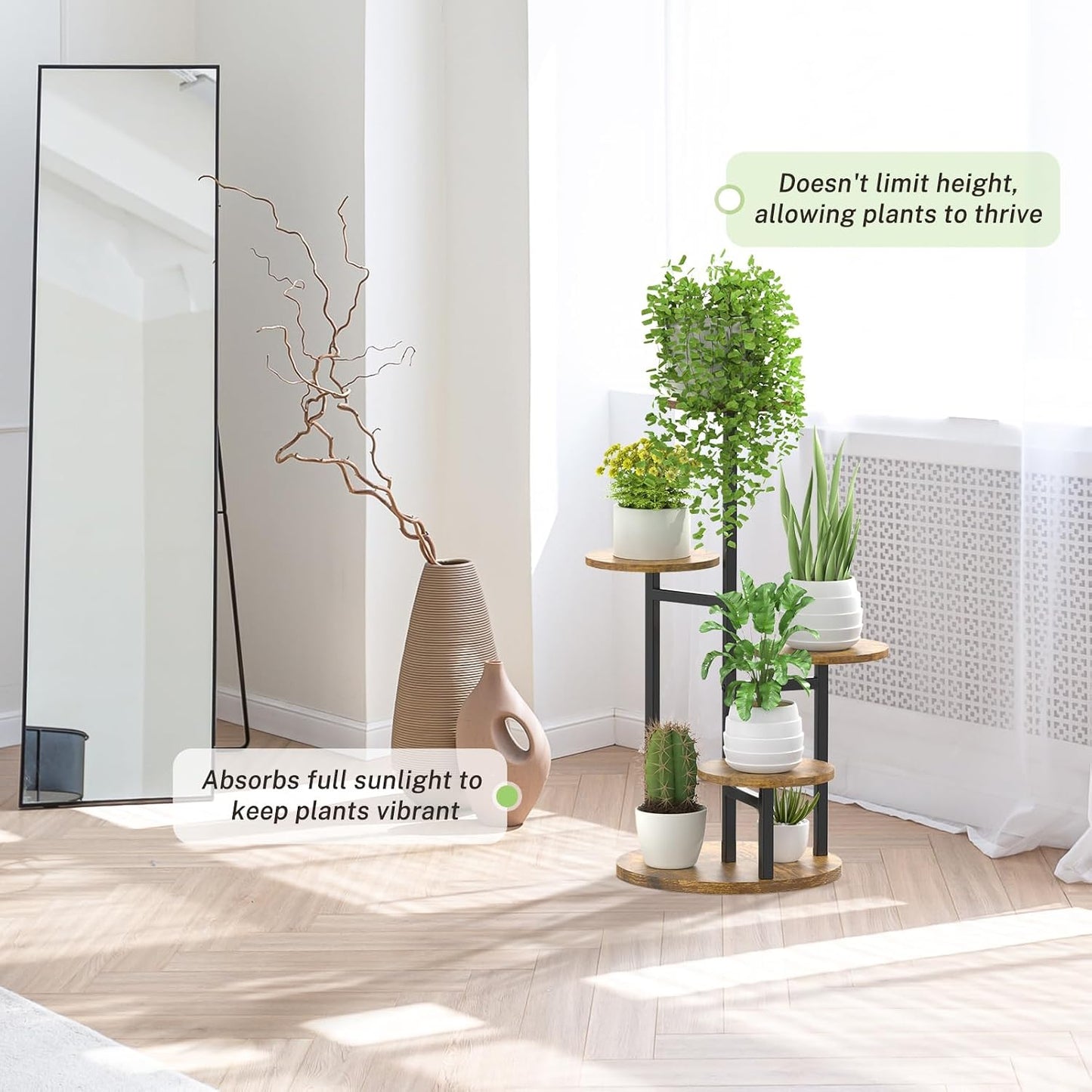 Oppro Plant Stand Indoor, 5 Tier Metal Wood Flower Multiple Shelf | Heavy Duty Round Sturdy Spiral Planter Orchid