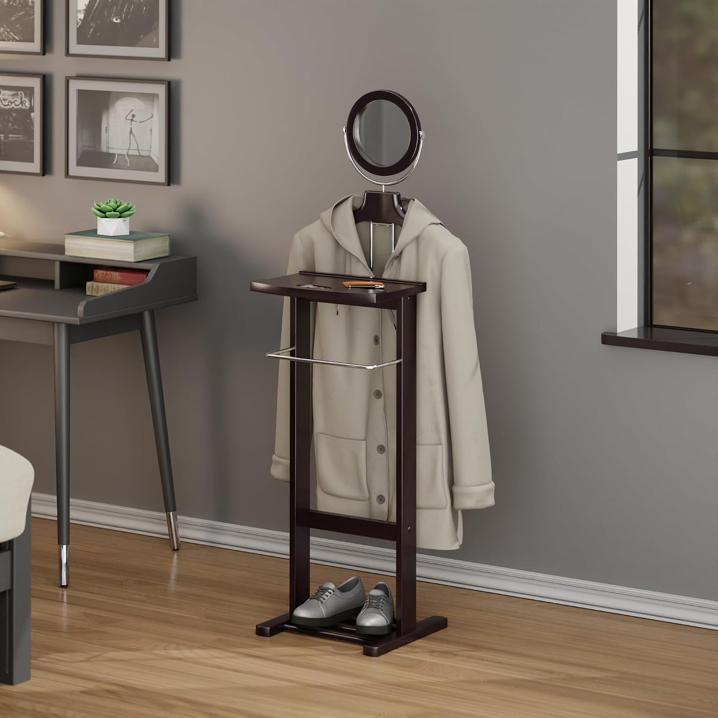 Winsome Trading, Inc. Carson Valet Stand, Brown | Classic Clothing Display Rack for Men & Women, Hanging Organizer for
