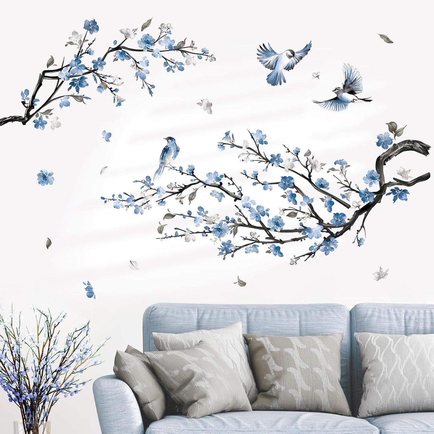 Watercolor Flower Branch Wall Decals Blossom Tree Branch Floral Wall Stickers Bedroom Living / Blue