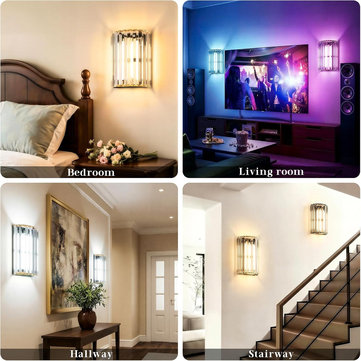 Black and Gold Battery Operated Wall Sconces Set of 2, Crystal Wireless Wall Lights with Remote, Rechargeable Cordless