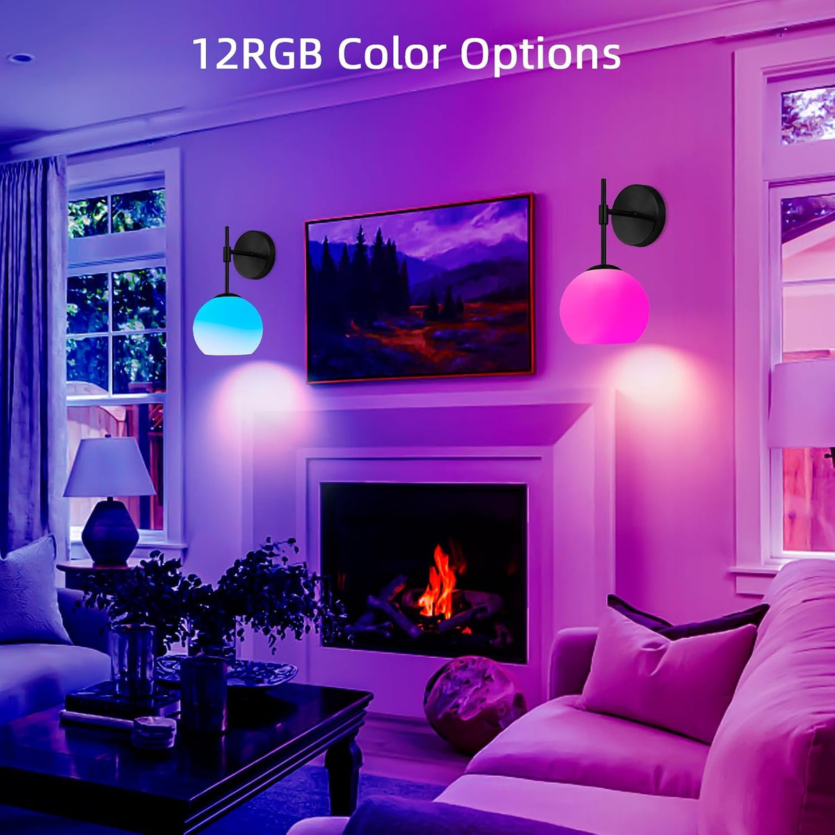 Battery Operated Wall Sconces Set of Two, Rechargeable, Black | Milk Glass Shade, 12 RGB & 3CCT Dimmable, Wireless Wall