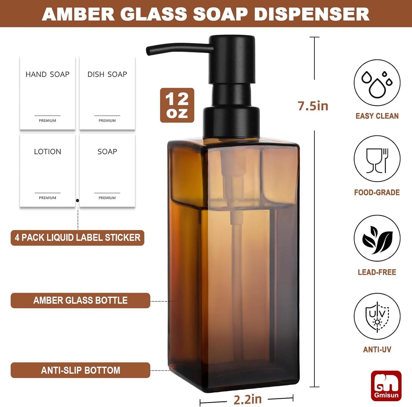 GMISUN Amber Glass Soap Dispenser, 2 Pack Hand Soap Dispenser Bathroom, 12 fl oz/350ml Dish Dispenser Set for Kitchen