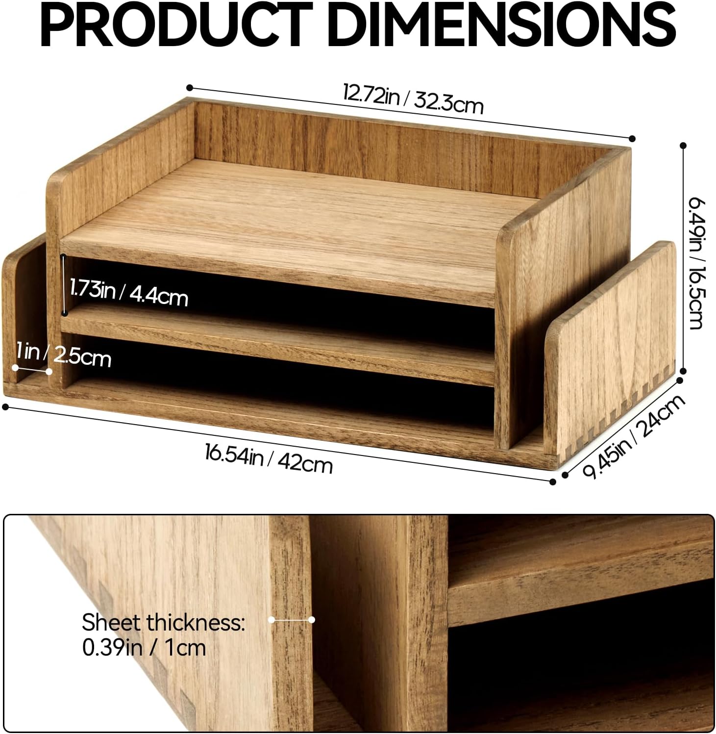 KIRIGEN Wood Desk Organizer, 5-Tray Letter Tray and Mail Sorter, Brown 2TP | Solid Wood 3-Tier Desktop Organizer with 5