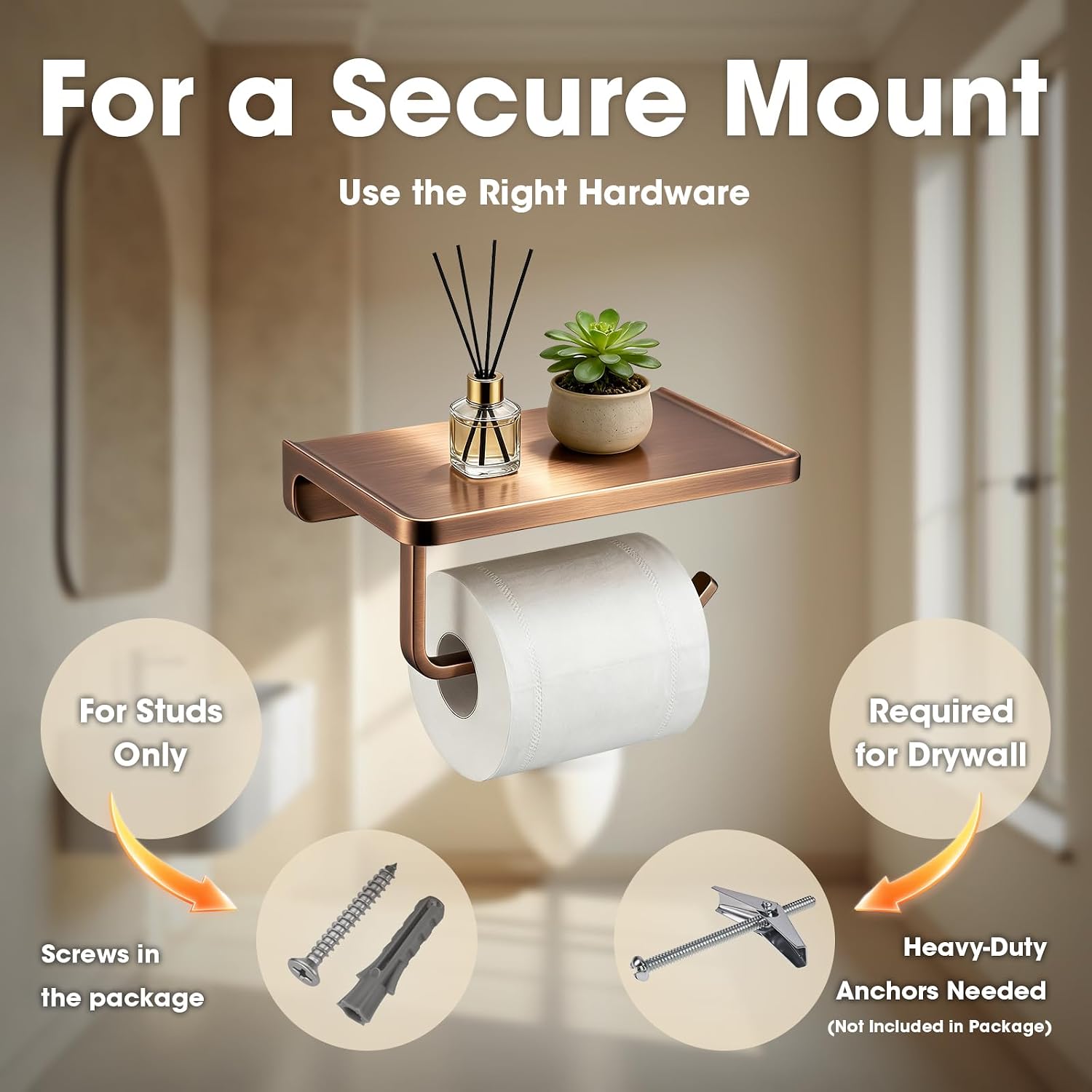 TRUSTMI Toilet Paper Holder with Shelf & Phone Stand, Brushed Rose Gold | Solid zinc alloy holder holds 15 lbs and fits