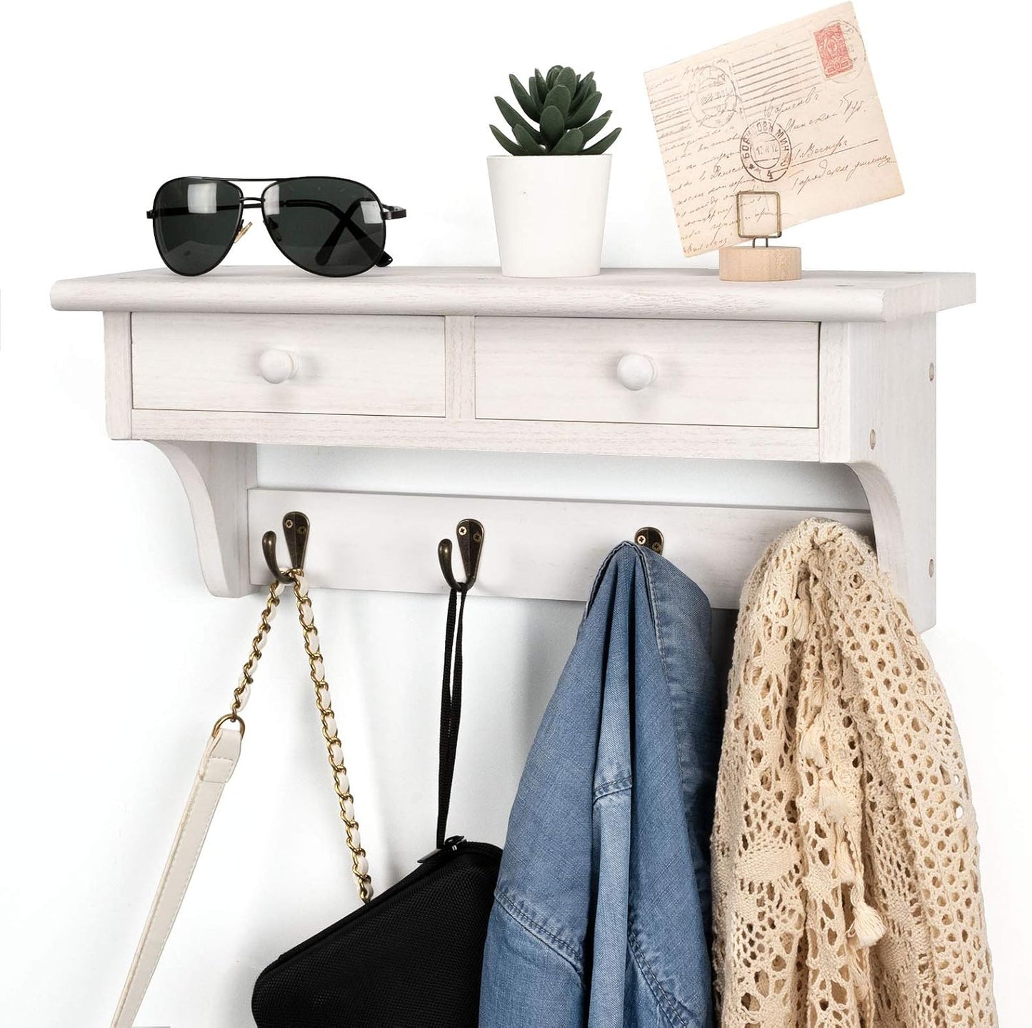 Emfogo Coat Hooks Wall Mounted, Rustic Wood Coat Rack Wall Mount Shelf with Hooks, Farmhouse Wall Coat Rack with Shelf