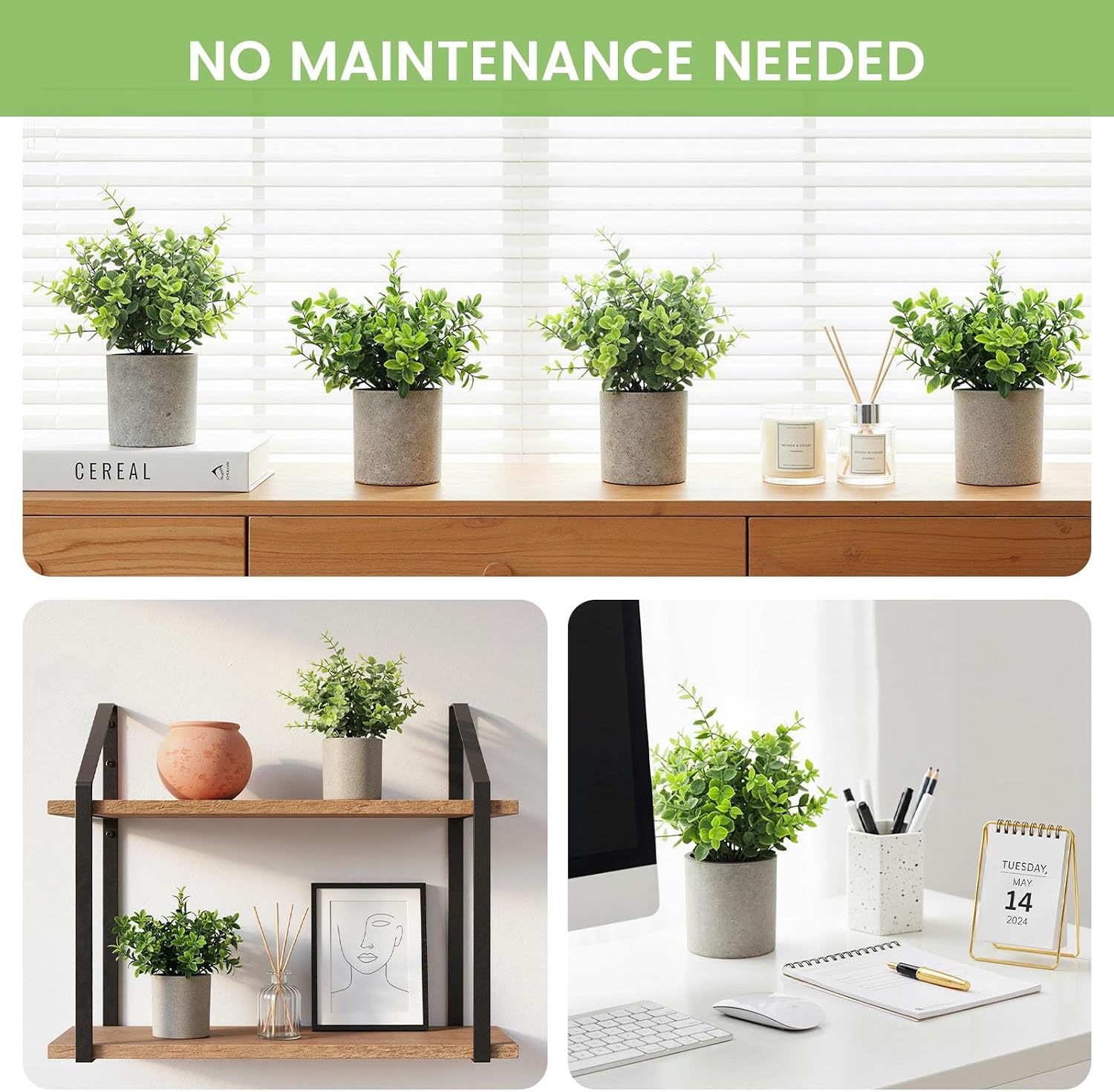 Mini Potted Fake Plants Artificial Plastic Eucalyptus Plants Topiaries / Green / Set of 4
