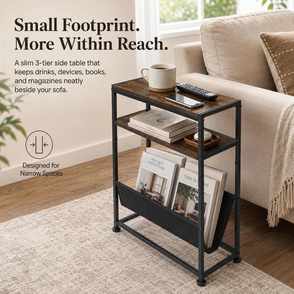 Narrow End Table with Magazine Rack, 2-Tier Slim Side Table for Small Spaces, Industrial Nightstand with Storage Sling