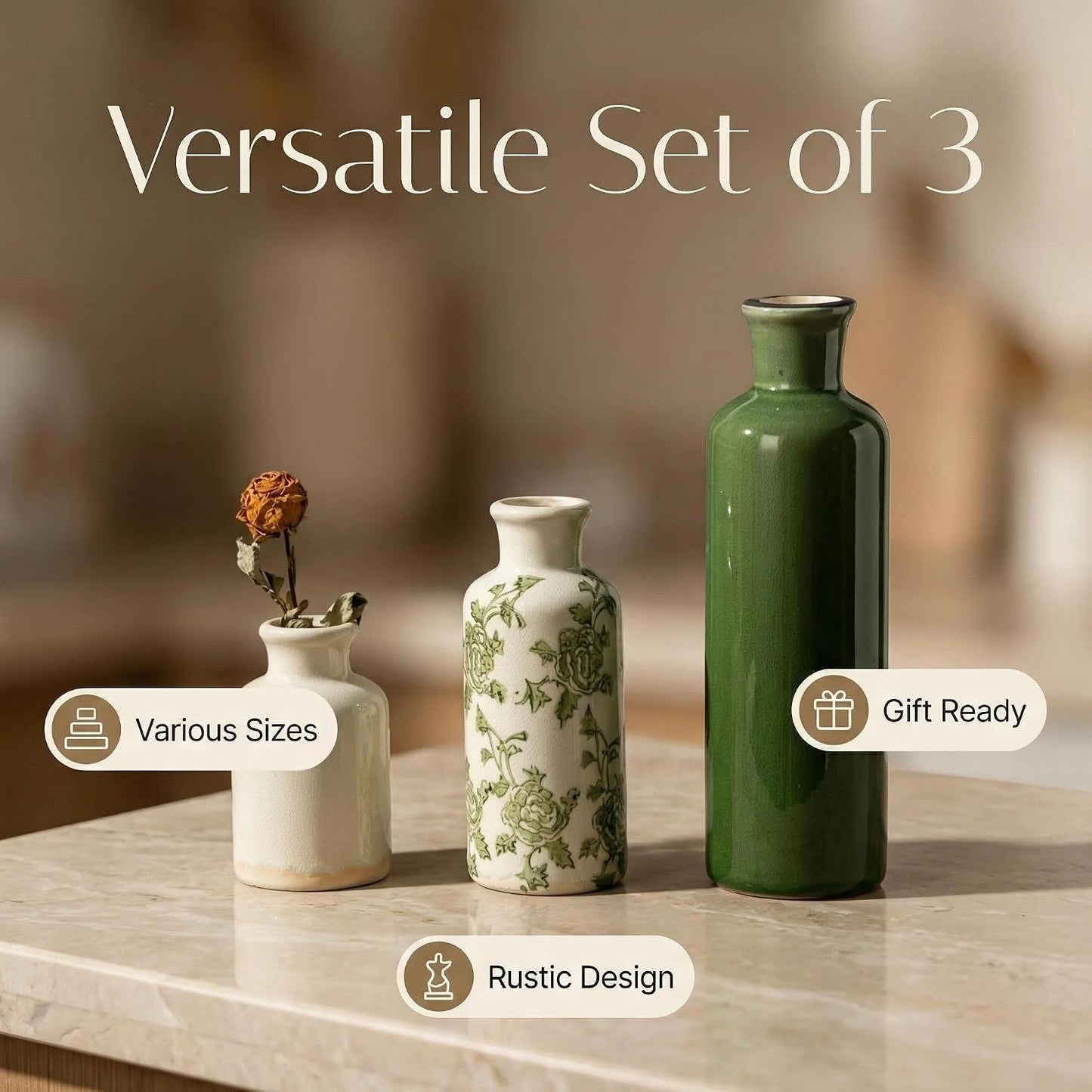 Rustic Ceramic Vase / Green-2 / Set of 3