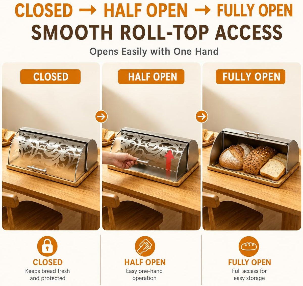 Bread Box for Kitchen Countertop, Modern Stainless Steel Roll-Top M | Clear Acrylic Viewing Door with Frosted Pattern