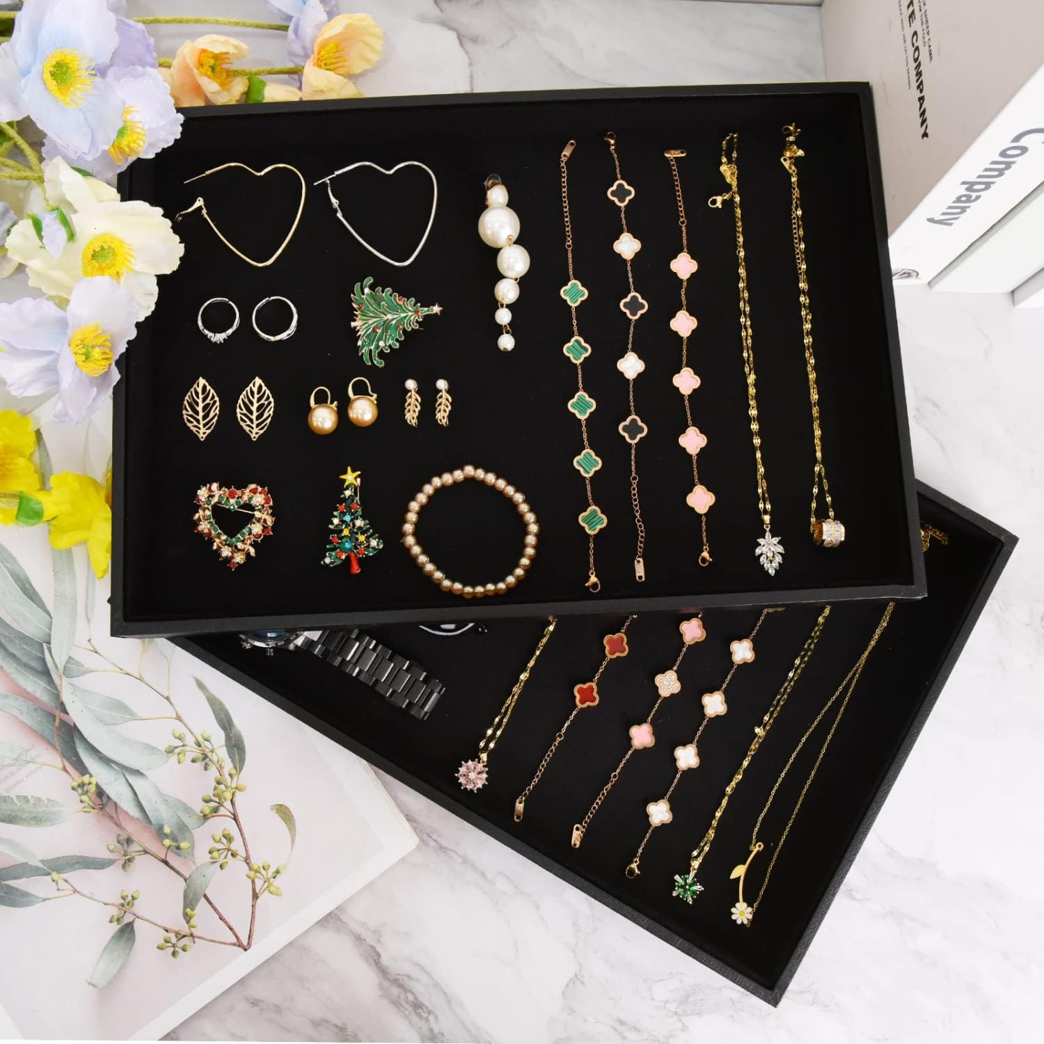 Velvet Stackable Jewelry Tray Showcase Display Stackable Necklace Bracelet Ring Showcase / Black