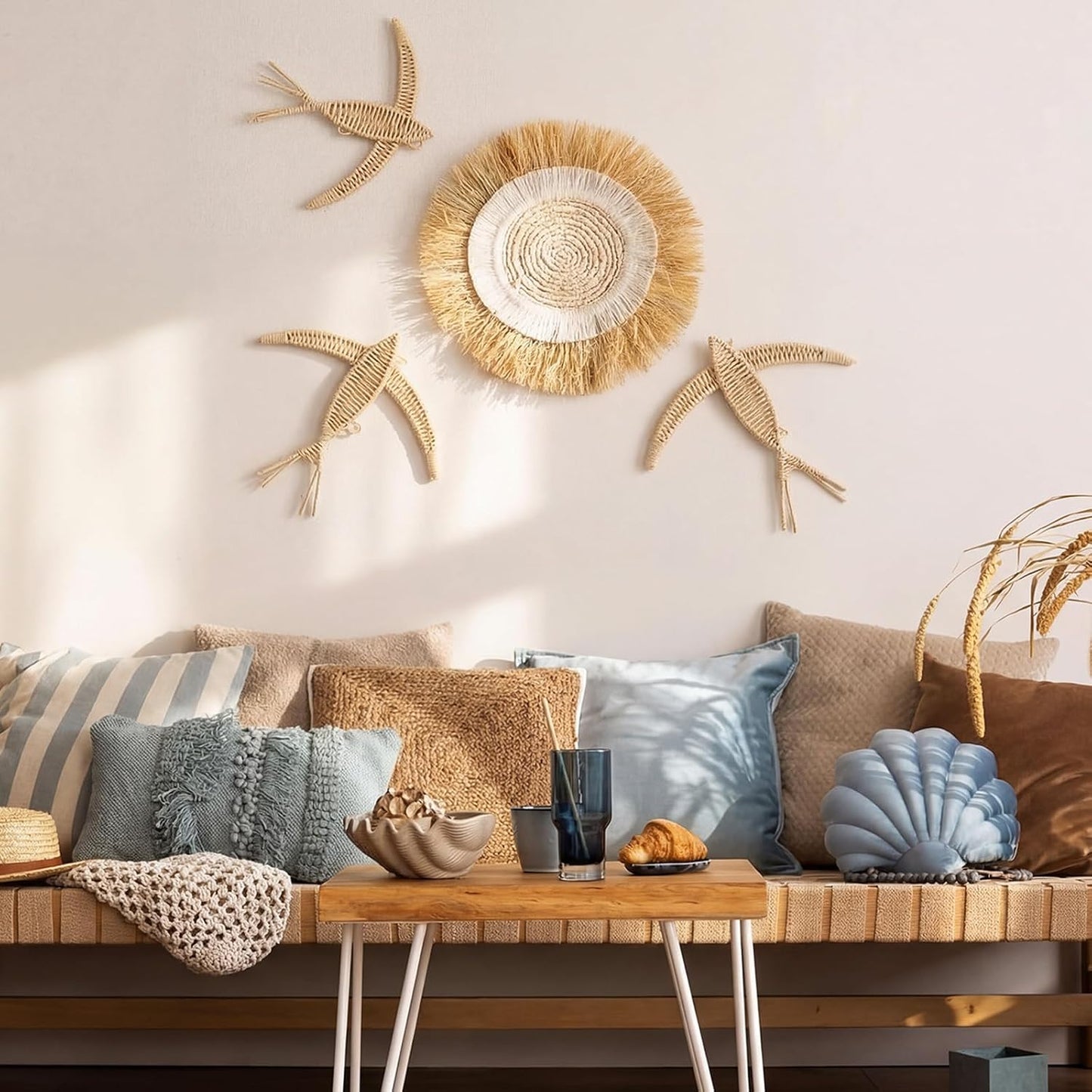 Boho Wall Basket Decor Bohemia Woven Wicker Bird and Raffia Sun Jute Decor Boho Handmade / Set of 4