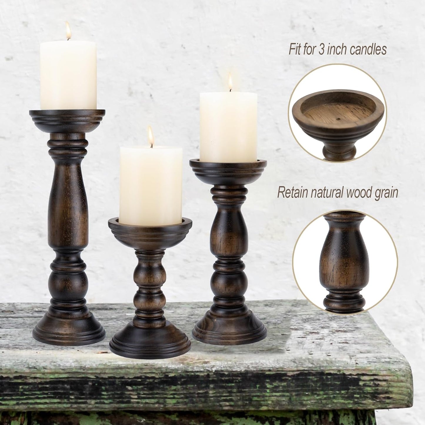 BANOMII Farmhouse Wooden Candle Holders for Pillar Candles Set of 3, Rustic Wood Candle Holder Table Centerpiece Decor