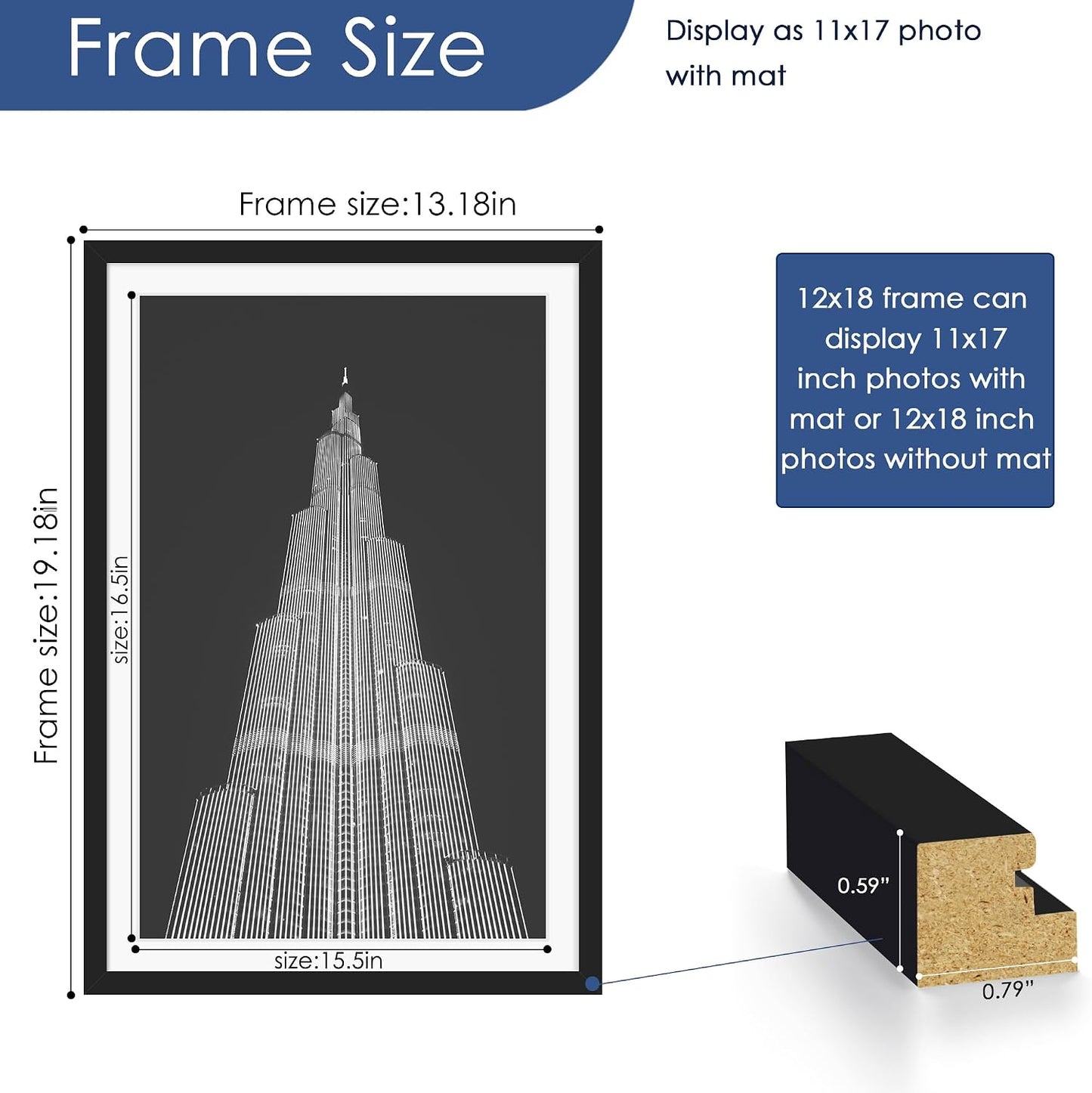 12x18 Picture Frame Set of 6, Wall Mounting Display, Black | Display 11x17 with Mat or 12x18 Without Mat, Horizontal or