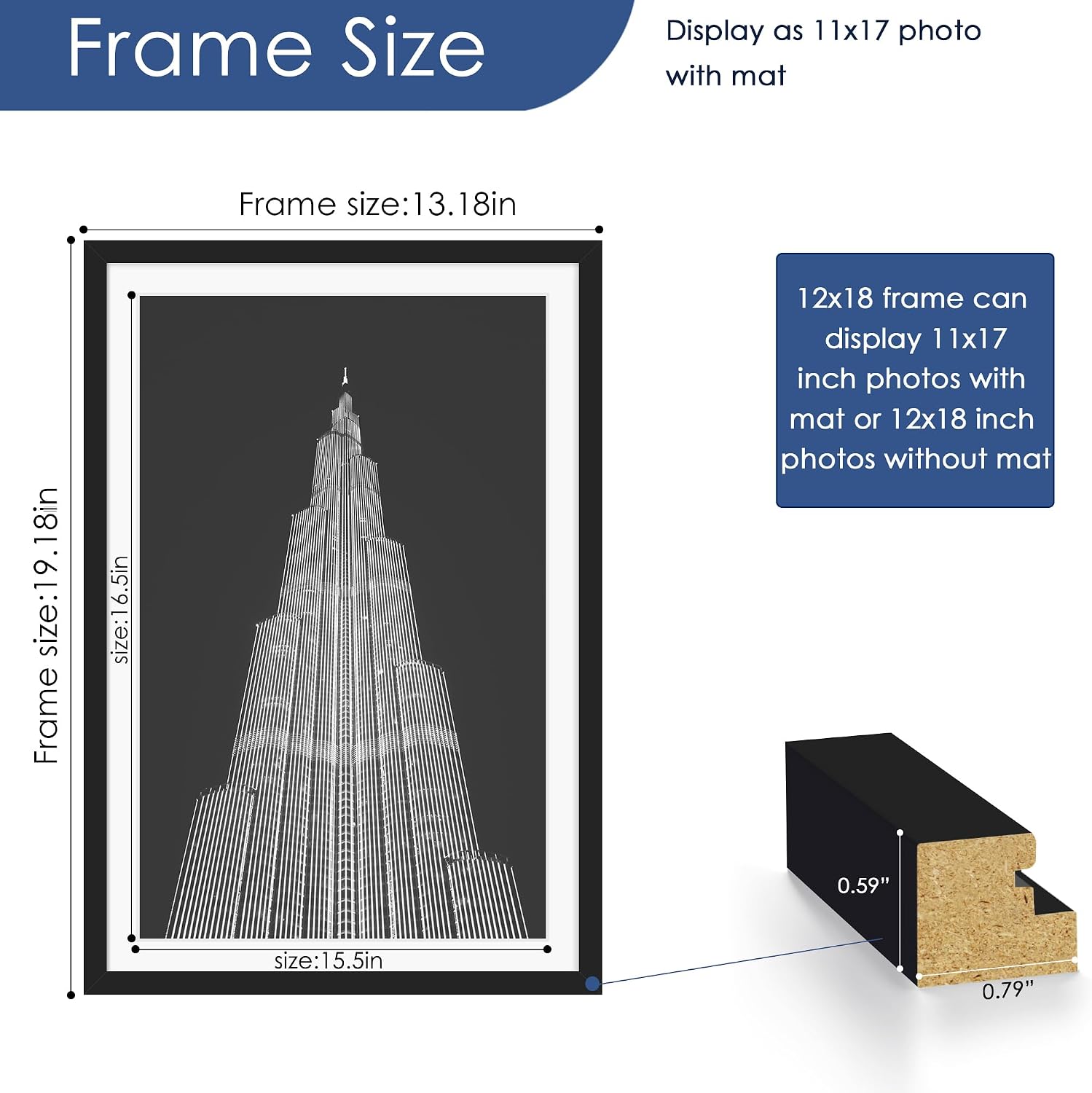 12x18 Picture Frame Set of 6, Wall Mounting Display, Black | Display 11x17 with Mat or 12x18 Without Mat, Horizontal or