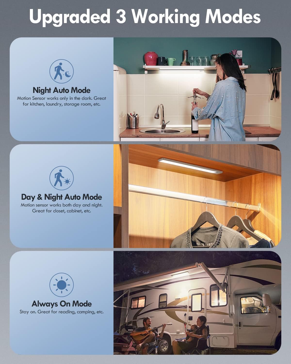 BLS LED Closet Lights, 52LED Motion Sensor Light Indoor, Under Cabinet Lights Rechargeable USB-C Under Cabinet