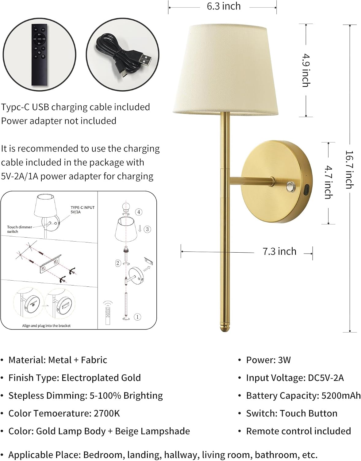 Battery Operated Wall Sconce Set of 2, Gold Rechargeable Wall Light | Small, LED, 5200mAh, Dimmable, Fabric Shade
