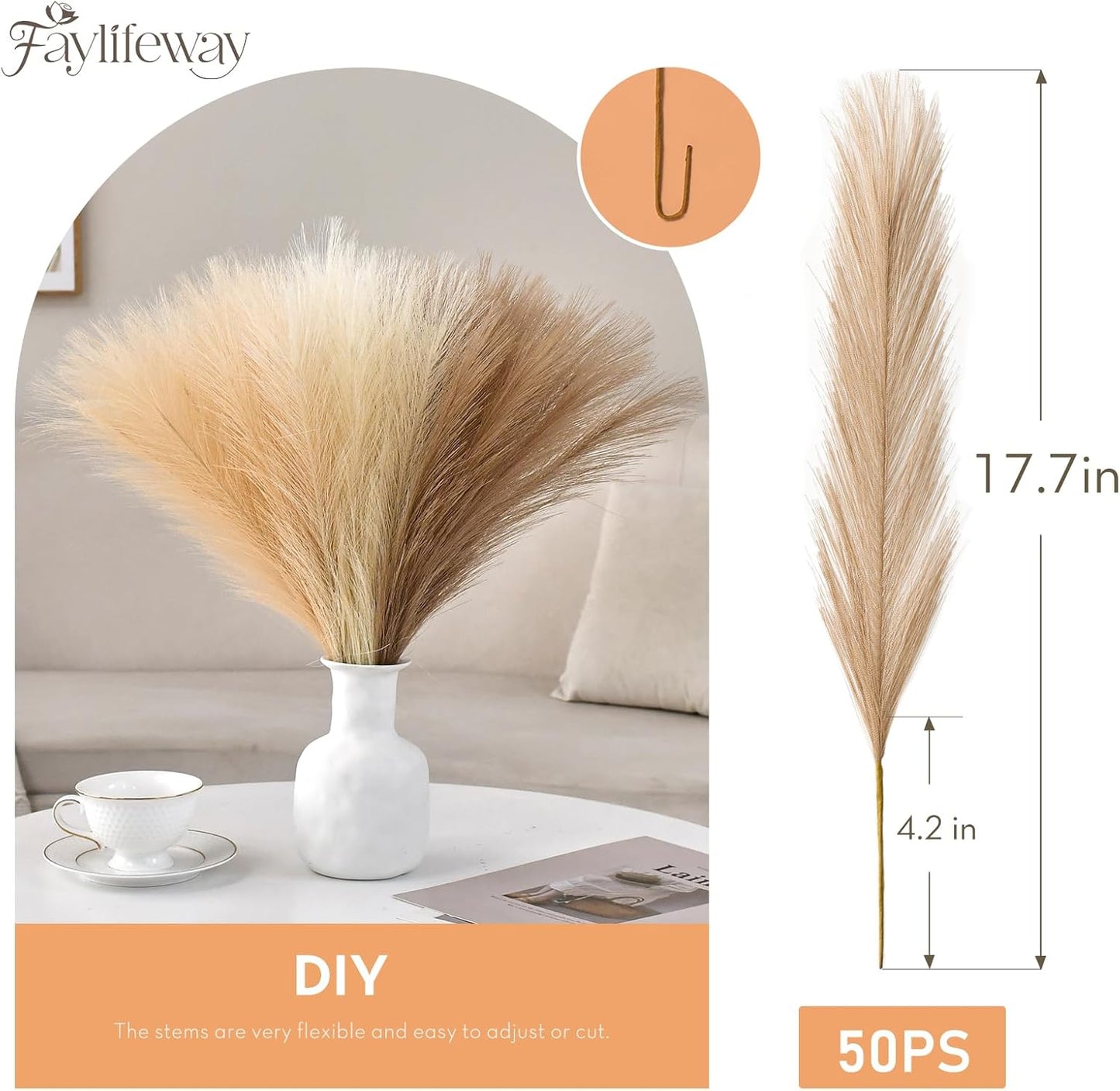 Artificial Pampas Fake Flowers Fluffy Vase Filler / Sand Beige Light Brown / 17 Inch / Set of 50