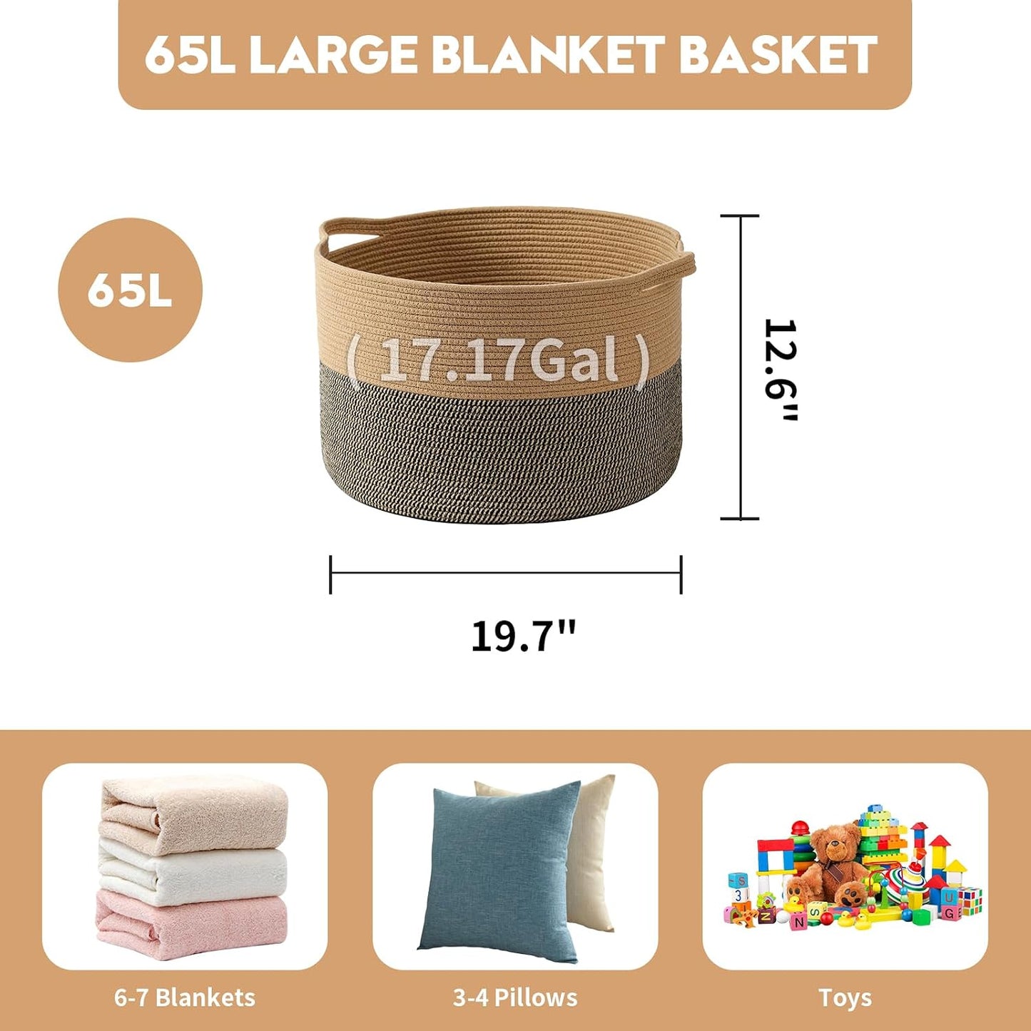 Collapsible Handle Cotton Rope Soft Woven Fabric Storage Organizer Clothes / Camel & Mix Camel / 65L