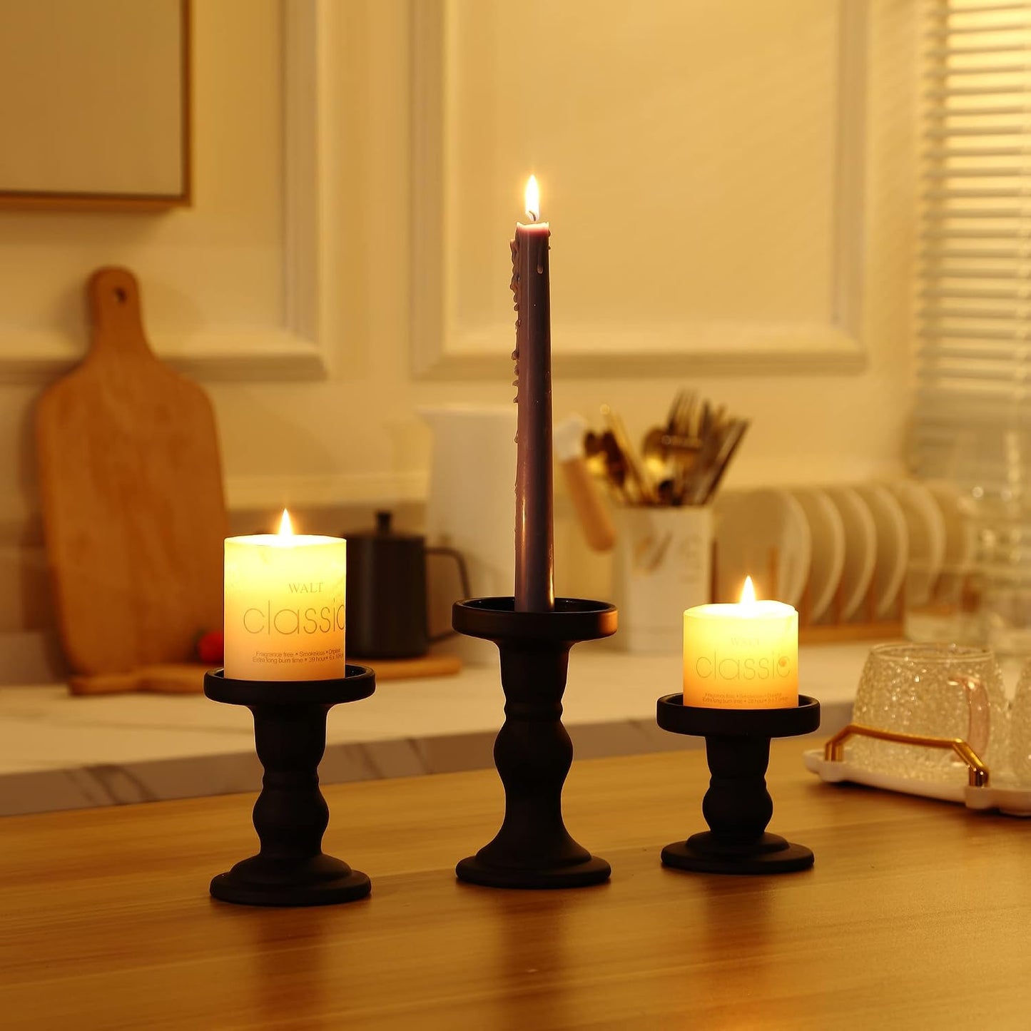 GMWD 3 Pcs Black Glass Candle Holder Set Clear, Candlesticks Holders Pillar Taper Candles Tealight Stand for Wedding