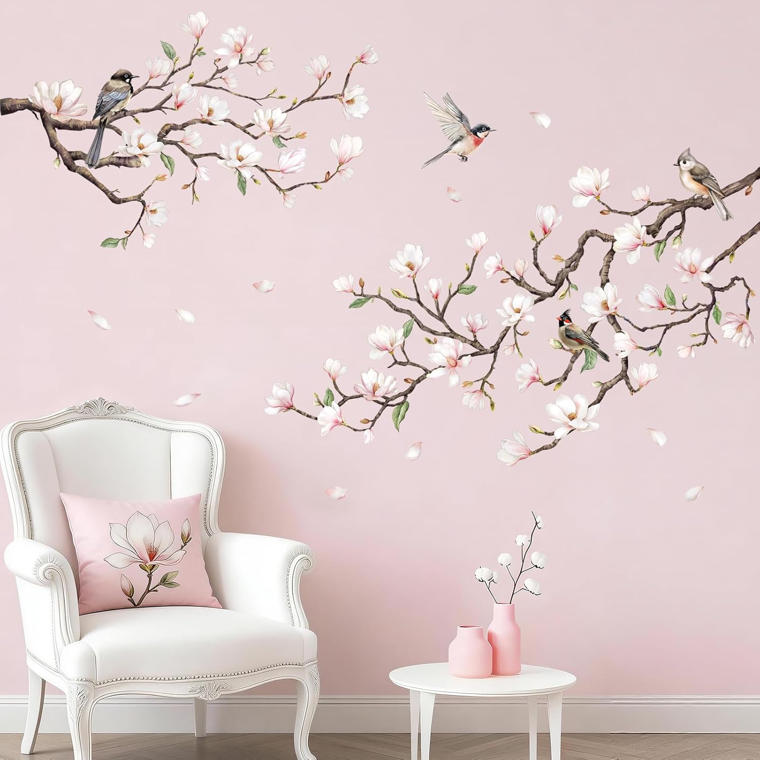 White Magnolia Tree Wall Decals / White Light Pink