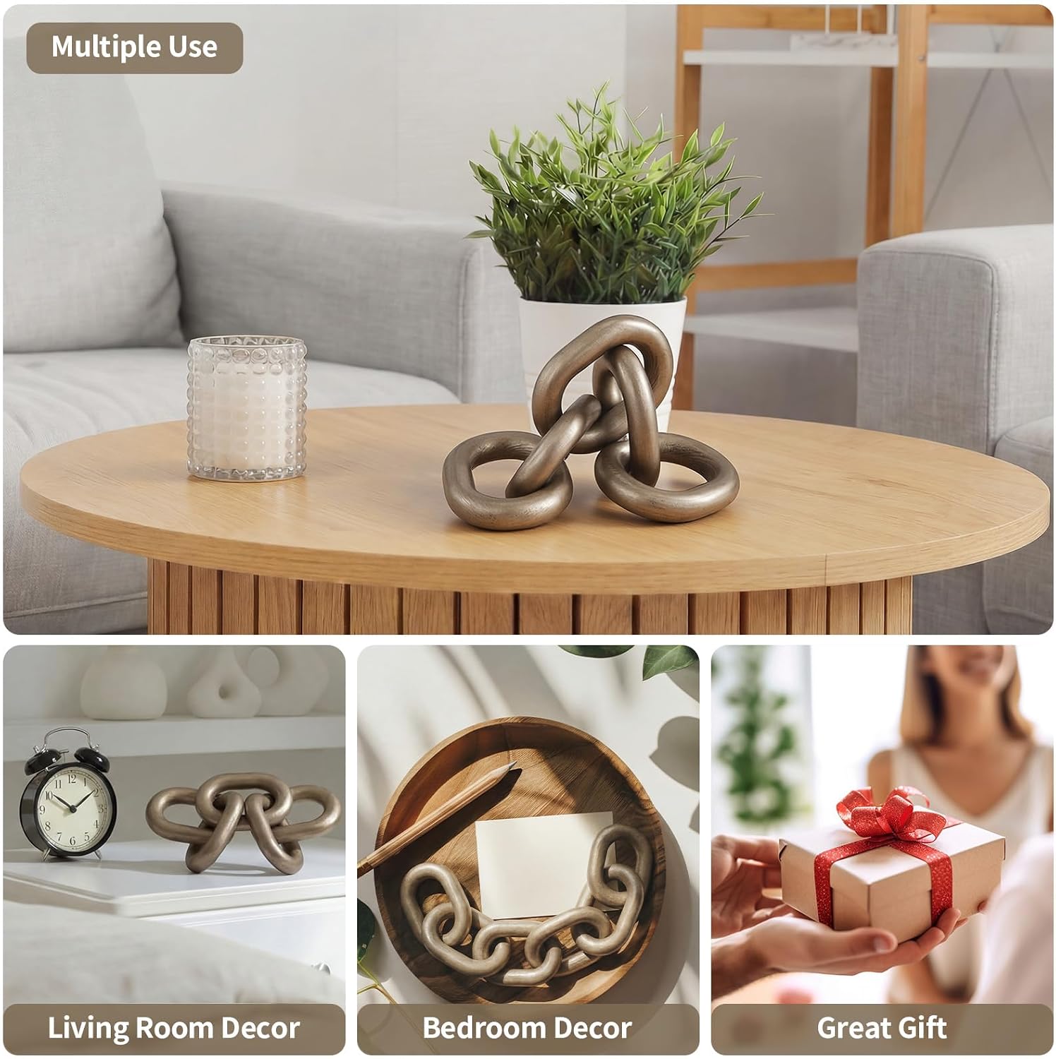 Decorative Wood Chain Link Decor Rustic 5 Link Wooden Chain Ornament / Champagne / 13.78 Inch