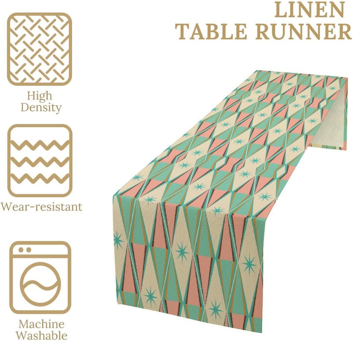 Mid Century Kitchen Table Runner,Abstract Aesthetic Geometric Mid Century Retro Modern Patterns Printed Linen Table