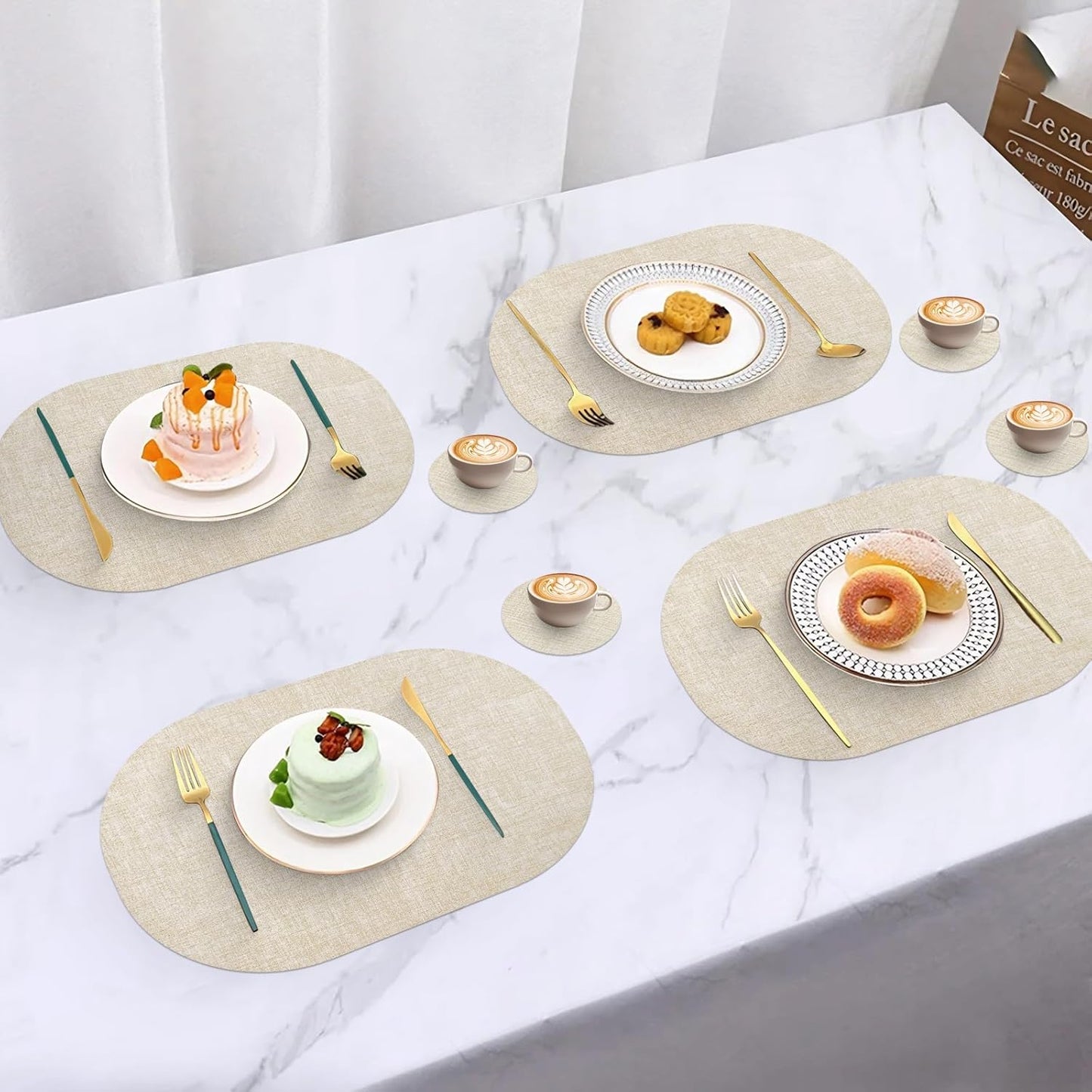 Faux Leather Placemats Set of 6 with Matching Coasters, Heat Resistant PU Oval Placemats, Waterproof Wipeable Washable