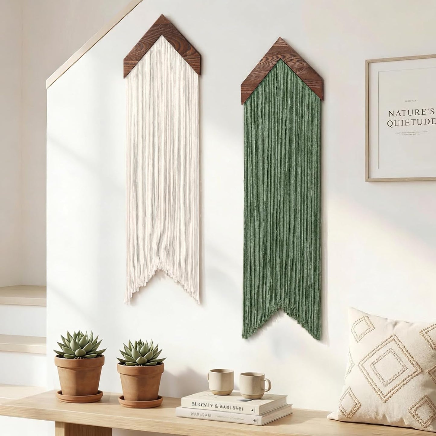 Macrame Wall Hanging Boho Wall Decor / Green Beige / Set of 2