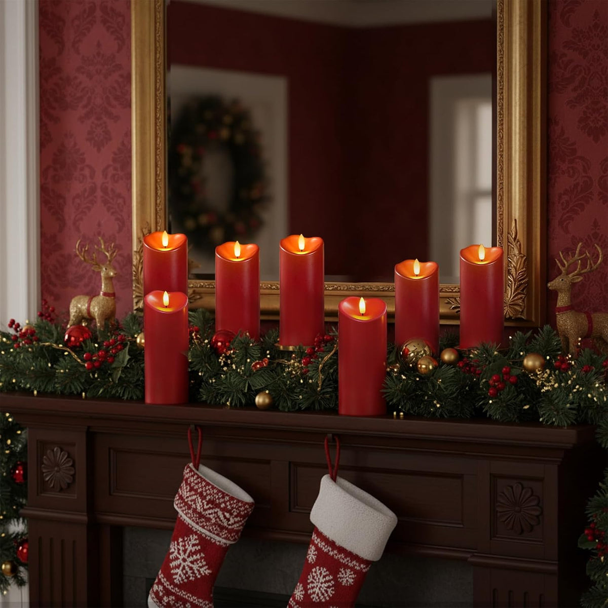 Homemory Burgundy Flameless Candles, Waterproof Flickering Candles, Outdoor Battery Operated LED Pillar Candles with