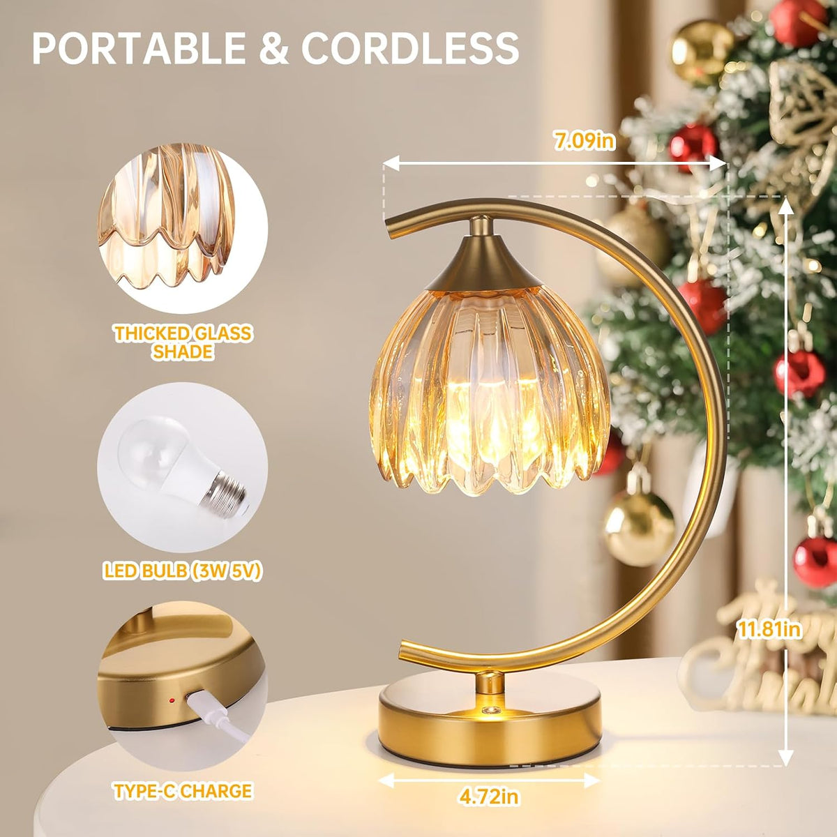 Shenmoyl Tulip Table Lamp, 5200mAh Cordless Touch Control Table Lamp with 3 Color Temps & Stepless Dimming