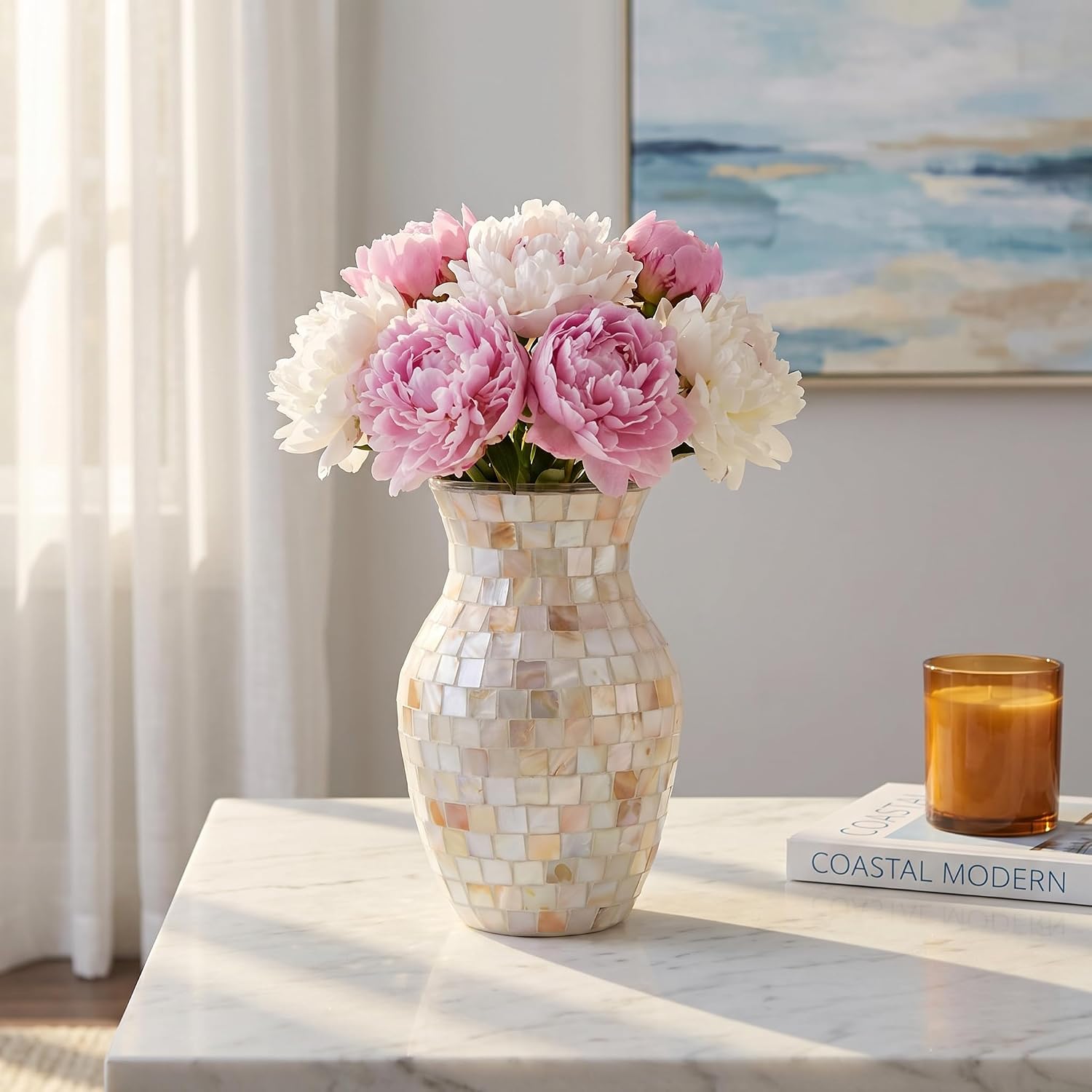 Handmade Pearlescent Glass Flower Vase / Natural Shell Iridescent White