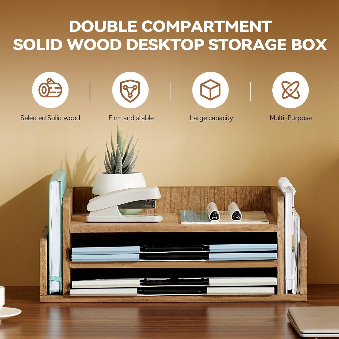 KIRIGEN Wood Desk Organizer, 5-Tray Letter Tray and Mail Sorter, Brown 2TP | Solid Wood 3-Tier Desktop Organizer with 5