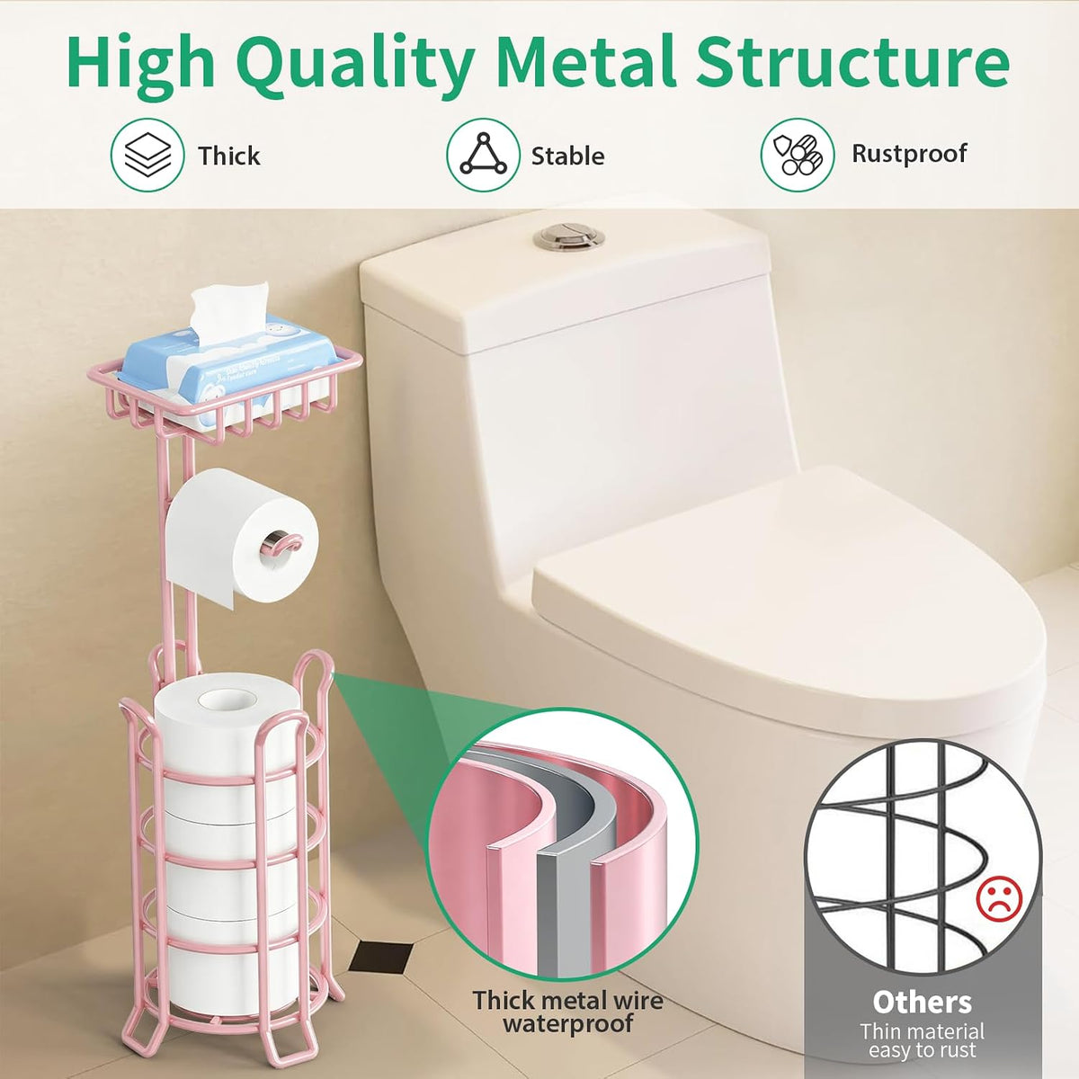 TomCare Toilet Paper Holder Free Standing with Shelf, Stable 4 Raised Feet | Stores 4 Mega Rolls, Tool-Free Assembly