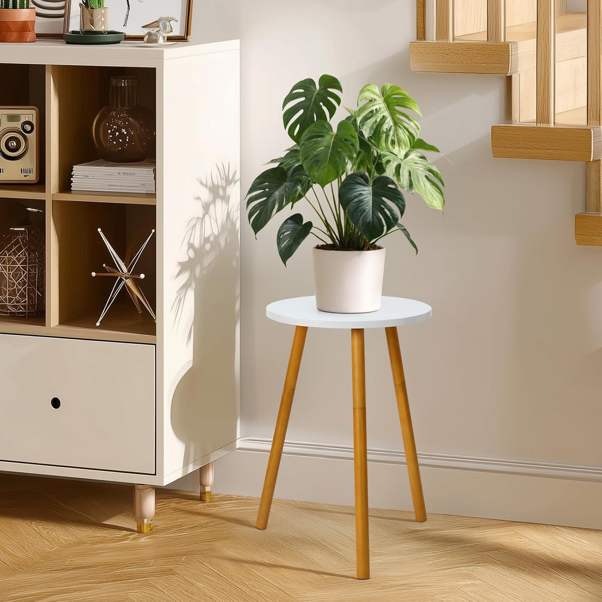 KINNARY Tall Plant Stand Indoor, Mid Century Wood White Flower Stand for Corner, Metal Plant Holder, Modern Home Decor