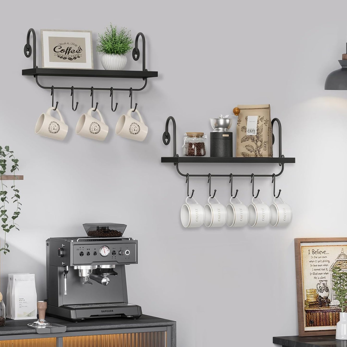Olakee Floating Wall Shelves for Kitchen Bathroom Coffee Nook with 10 Adjustable Hooks for Mugs Cooking Utensils or