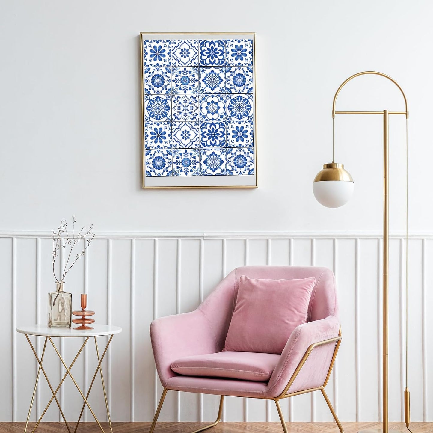 9 Style Textured Flowers Tile Stickers Relief Floral Peel and Stick / Blue and White / Set of 36