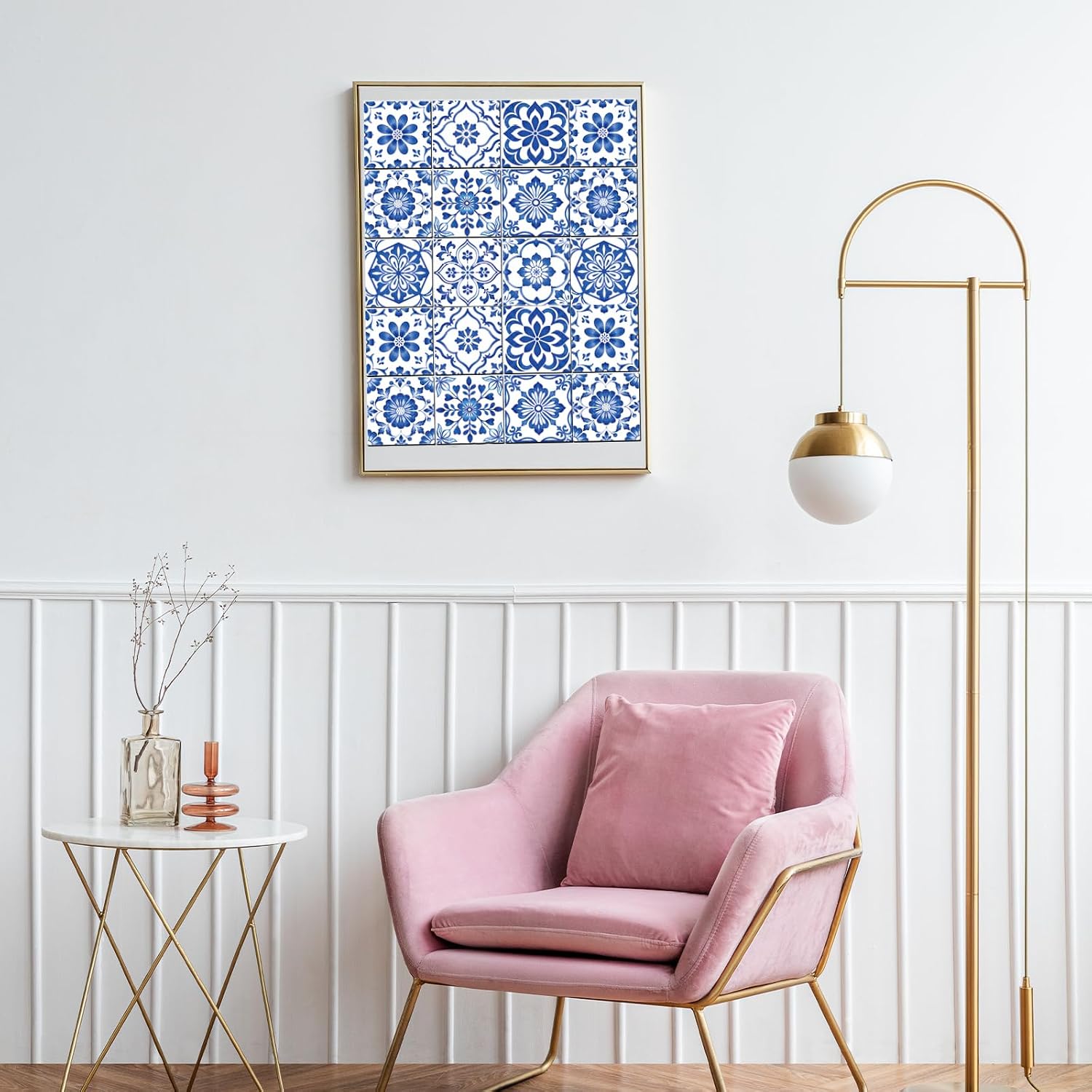 9 Style Textured Flowers Tile Stickers Relief Floral Peel and Stick / Blue and White / Set of 36