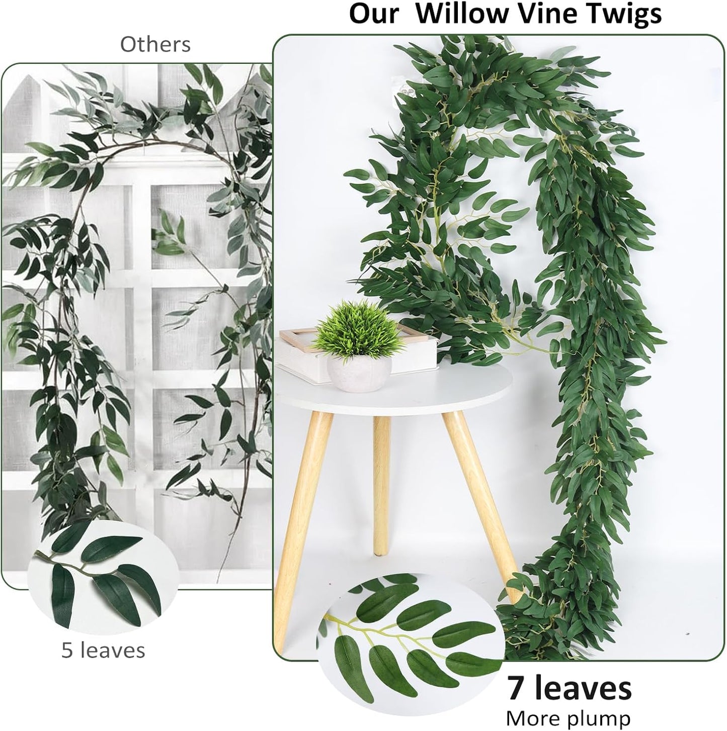 Artificial Willow Leaves Vine Twigs Fake Hanging Plant / Dark Green Willow Vine / 6 Inch / Set of 2