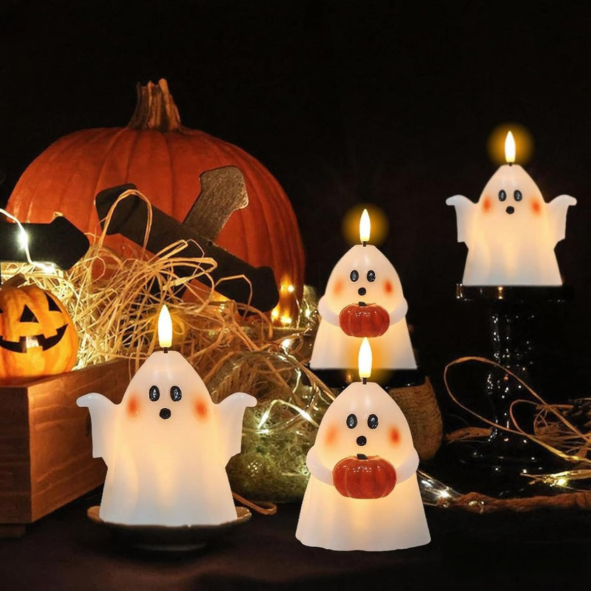 Wondise Halloween Flameless Candles with 6hrs Timer Spooky Ghost | Battery Operated Candles 3D Flickering Wick Real Wax