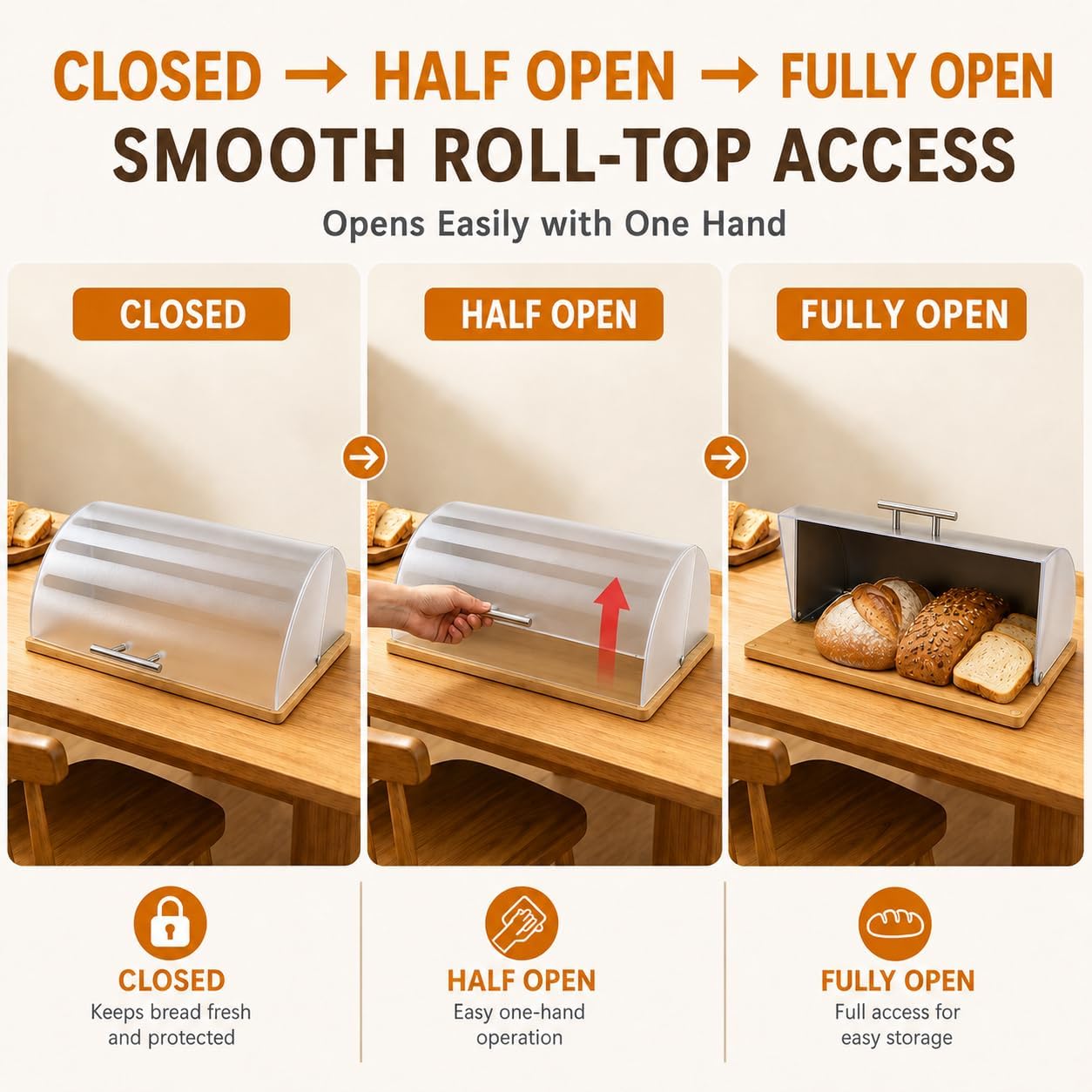 Bread Box for Kitchen Countertop, Modern Stainless Steel Roll-Top L | Clear Acrylic Viewing Door with Frosted Pattern