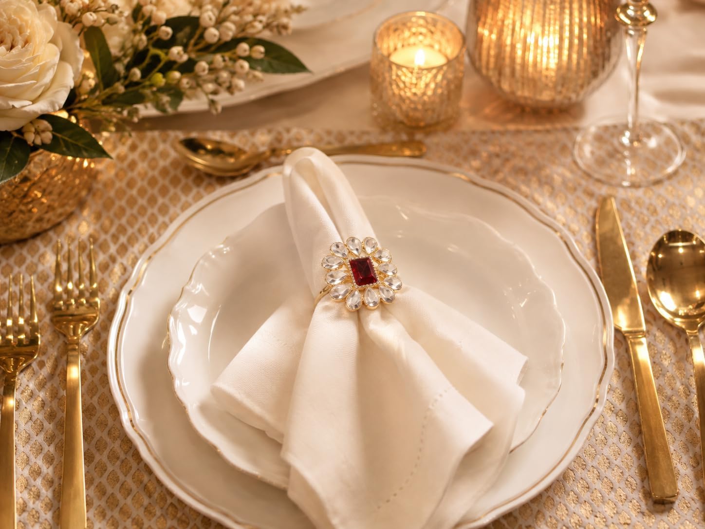 Floral Rhinestone Table Napkin Rings, Gold Tone, Set of 12 | Handmade large-size floral napkin holders with rhinestone